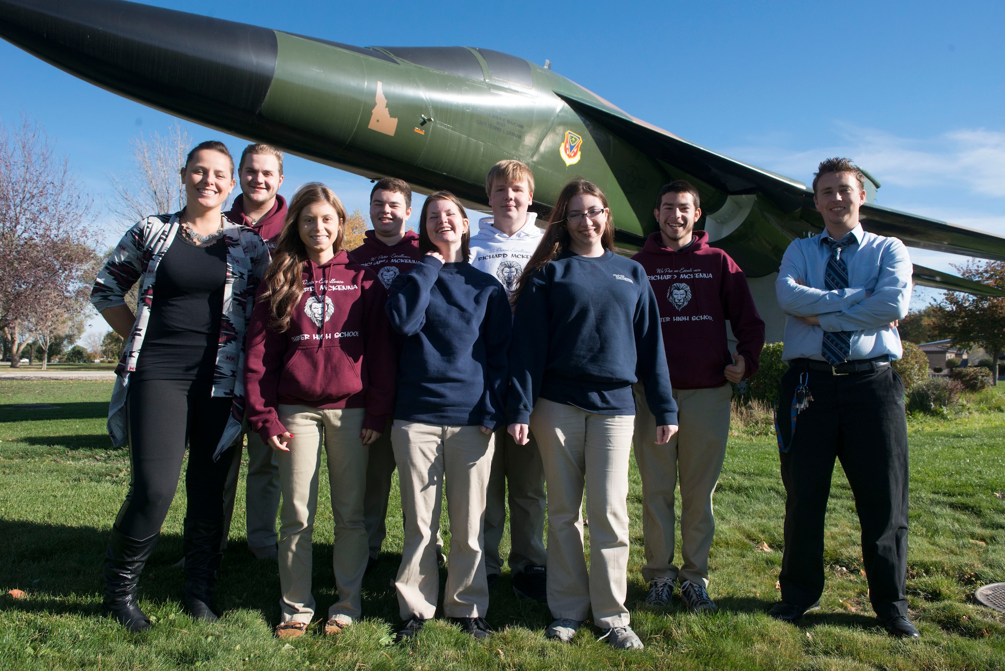 Richard McKenna Charter High School students gather for a group photo at Holt Park Oct. 30, 2014, at Mountain Home Air Force Base, Idaho. Students visited the base to experience what it means to be a Gunfighter. (U.S. Air Force photo by Airman Connor J. Marth/RELEASED)  
