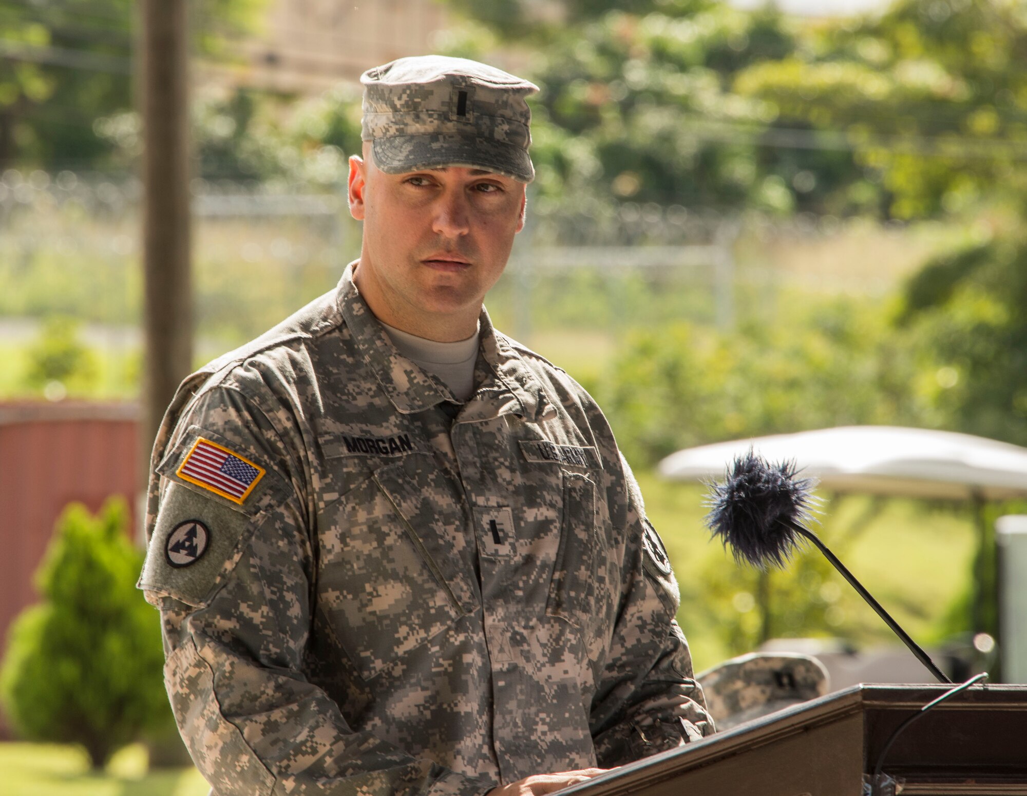 U.S. Army 1st Lt. Perry Morgan, 94th Combat Support Hospital company commander, welcomes the 94th to Soto Cano Air Base as they begin their mission as Joint Task Force-Bravo’s Medical Element during the MEDEL Transfer of Authority Ceremony on Soto Cano AB, Honduras, Oct. 31, 2014.  Over the past two weeks the 228th CSH prepared the 94th CSH to take over their U.S. Southern Command mission.  The JTF-B MEDEL is the only forward deployed medical asset with and enduring presence within SOUTHCOM.  MEDEL provides medical support to DoD beneficiaries in garrison at Soto Cano AB, as well as supporting SOUTHCOM’s humanitarian assistance and disaster relief efforts.  (U.S. Air Force photo/Tech. Sgt. Heather Redman)