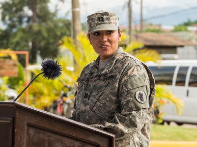 U.S. Army Capt. Mercedes Gonzalez, 228th Combat Support Hospital company commander, thanks the 228th CSH for all their hard work throughout their tenure as Joint Task Force-Bravo’s Medical Element during the MEDEL Transfer of Authority Ceremony on Soto Cano Air Base, Honduras, Oct. 31, 2014.  Over the past two weeks the 228th CSH prepared the 94th CSH to take over their U.S. Southern Command mission.  The JTF-B MEDEL is the only forward deployed medical asset with and enduring presence within SOUTHCOM.  MEDEL provides medical support to DoD beneficiaries in garrison at Soto Cano AB, as well as supporting SOUTHCOM’s humanitarian assistance and disaster relief efforts.  (U.S. Air Force photo/Tech. Sgt. Heather Redman)