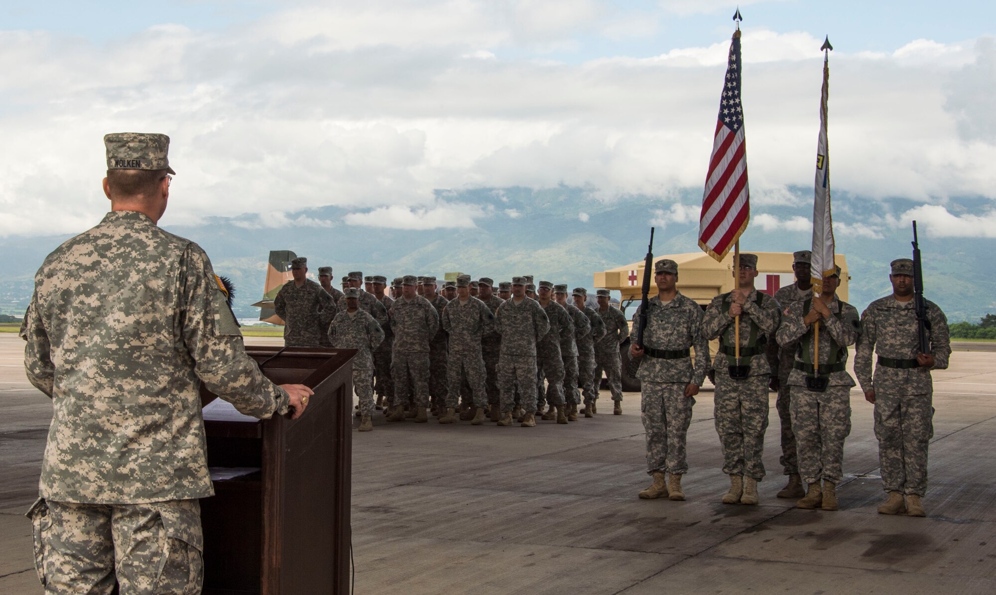 U.S. Army Col. David Wolken, Medical Element commander, thanks the 228th Combat Support Hospital for their hard work and dedication to Joint Task Force-Bravo’s mission and welcomes the 94th Combat Support Hospital during the MEDEL Transfer of Authority Ceremony on Soto Cano Air Base, Honduras, Oct. 31, 2014.  Over the past two weeks the 228th CSH prepared the 94th CSH to take over their U.S. Southern Command mission.  The JTF-B MEDEL is the only forward deployed medical asset with and enduring presence within SOUTHCOM.  MEDEL provides medical support to DoD beneficiaries in garrison at Soto Cano AB, as well as supporting SOUTHCOM’s humanitarian assistance and disaster relief efforts.  (U.S. Air Force photo/Tech. Sgt. Heather Redman)