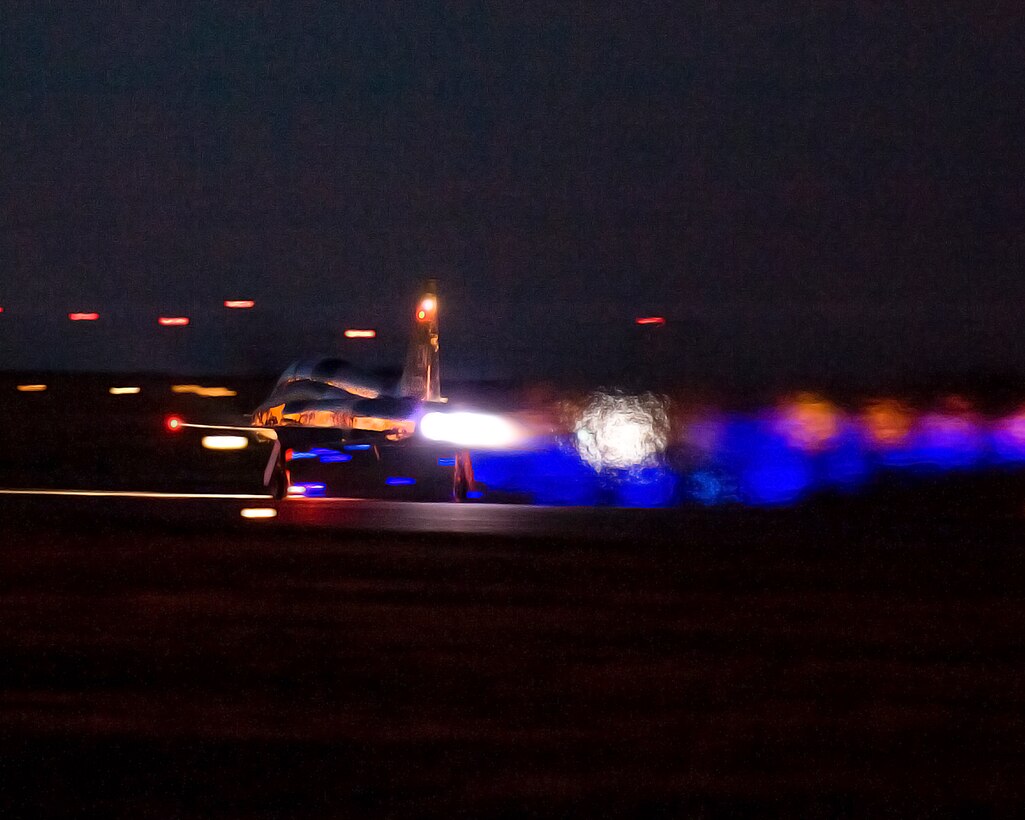 An air crew from the 80th Flying Training Wing, Euro-NATO Joint Jet Pilot Training program, takes off for night flying training in aT-38 Talon aircraft on Oct. 30, 2014, at Sheppard Air Force Base, Texas. Pilots participate in night flying training to qualify them to fly in any kind of instrument weather conditions. (U.S. Air Force photo by Danny Webb/Released)  