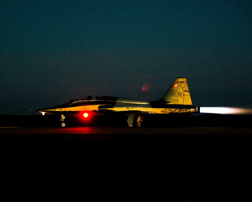 An air crew from the 80th Flying Training Wing, Euro-NATO Joint Jet Pilot Training program, takes off for night flying training in aT-38 Talon aircraft on Oct. 30, 2014, at Sheppard Air Force Base, Texas. Pilots participate in night flying training to qualify them to fly in any kind of instrument weather conditions. (U.S. Air Force photo by Danny Webb/Released)  