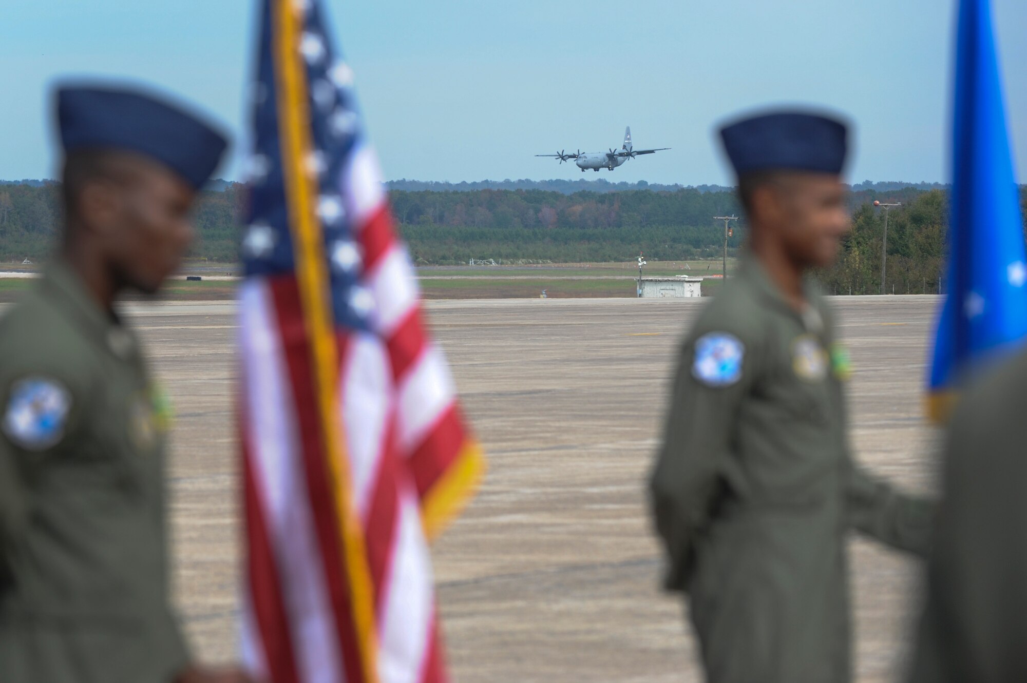 Maj. Gen. Mike Stough, Headquarters Air Mobility Command director of strategic plans, requirements and programs, lands a C-130J Oct. 23, 2014, at Little Rock Air Force Base, Ark. The C-130 airframe entered the Air Force in the 1950’s, making it the longest continuous production of any military aircraft in history. (U.S. Air Force photo by Airman 1st Class Cliffton Dolezal)