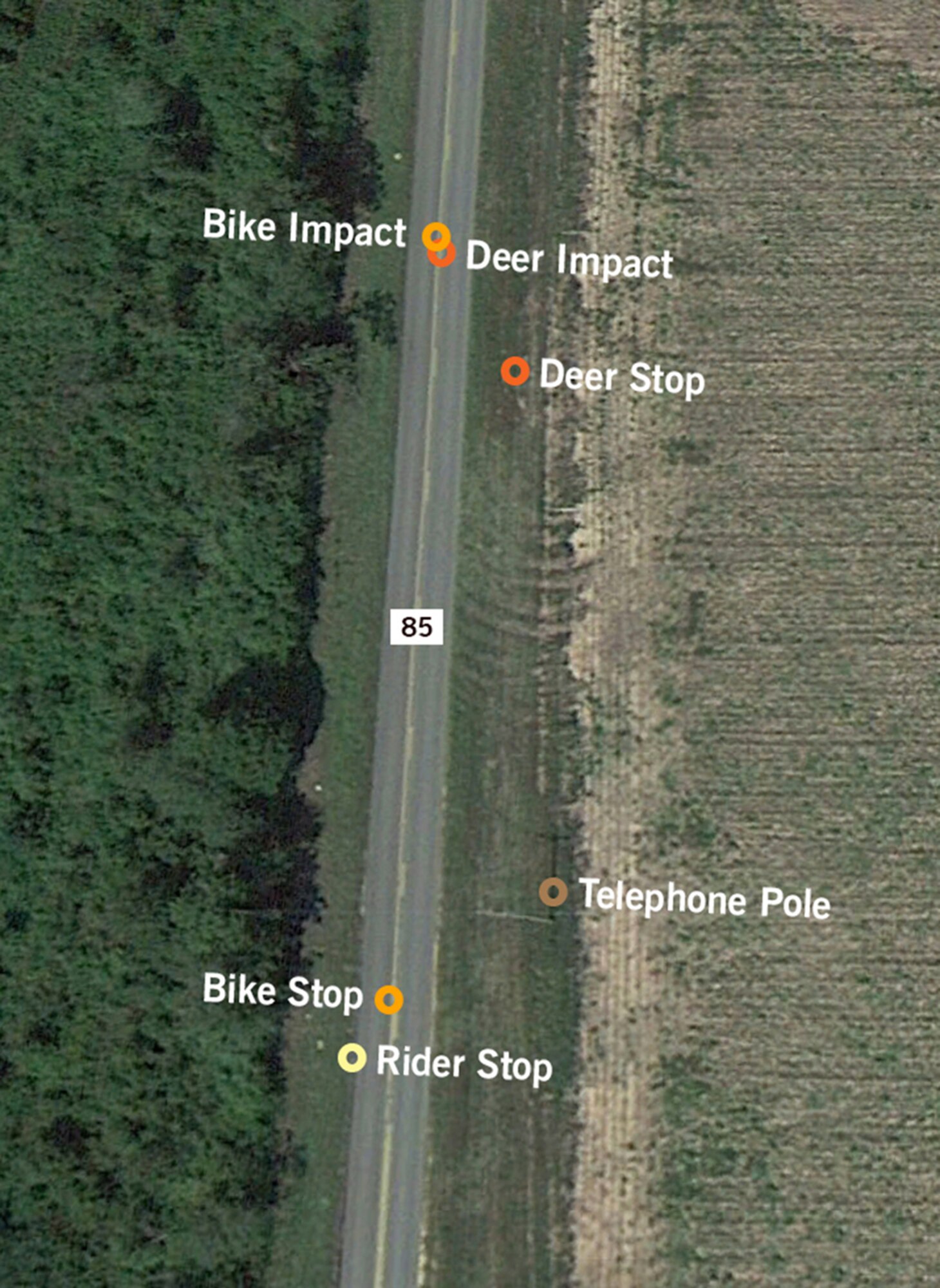Using Google Earth, this map shows County Road 85, where Ross’s motorcycle struck the deer and where he, the motorcycle and the deer ended up. In the major’s case, that meant he rolled about 278 feet from the point of impact. (Info Graphic by David Stack)