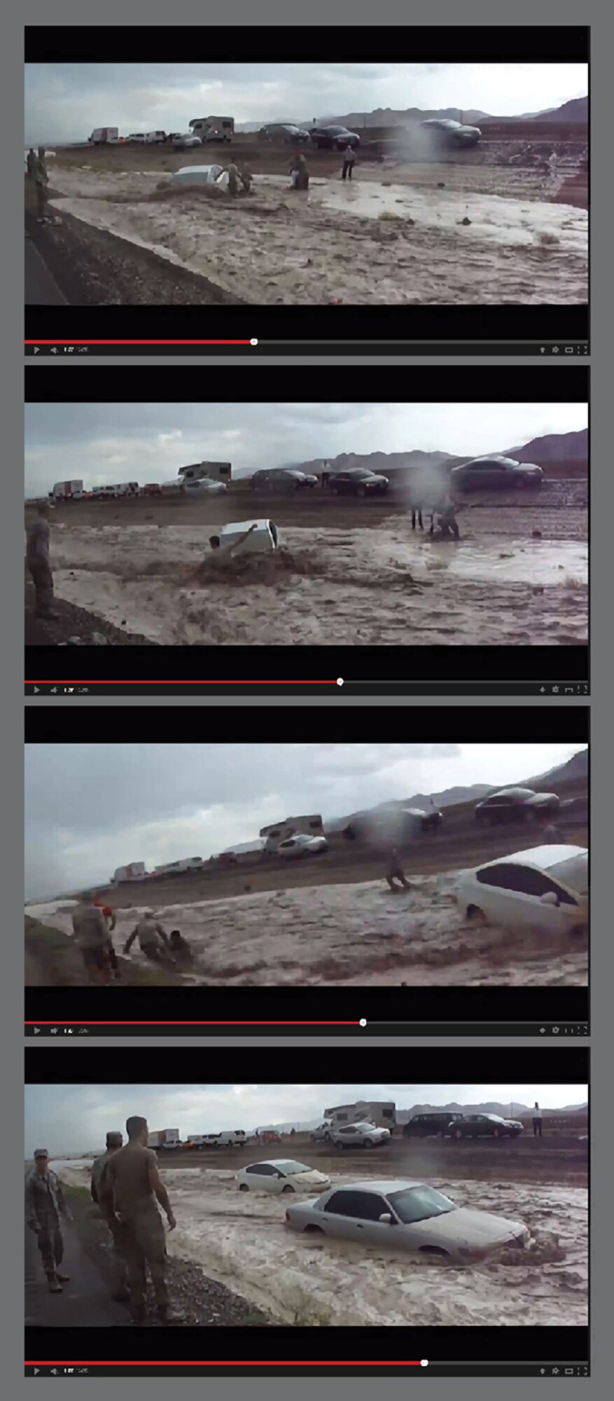 In video footage that went viral within days after the flood near Creech AFB, Nev., Aug. 4, Airmen can be seen rescuing an elderly couple, who’s Prius became stranded in the floodwaters. In another scene (frames two and three), Airman 1st Class Tyler Webb, who had assisted in the rescue of the couple, had to be saved after he was swept away by the raging waters. (Video footage courtesy of Doug Bennett)