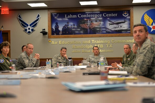 Gen. Robin  Rand (center left), commander of Air Education and Training Command, and Lt. Gen. Stanley E. Clarke III (center right), director of the Air National Guard, participate in discussions during the AETC/ANG Focus Day Oct. 30 at Joint Base San Antonio-Randolph. The event brought Airmen from the command's active duty and Guard components together to continue strengthening their key Air Force partnership. "It's a fantastic relationship and we're using this time to make it even better, finding ways to improve and get the right mix of people doing the Air Force's education and training," said Rand. (U.S. photo by Tech. Sgt. Beth Anschutz)
