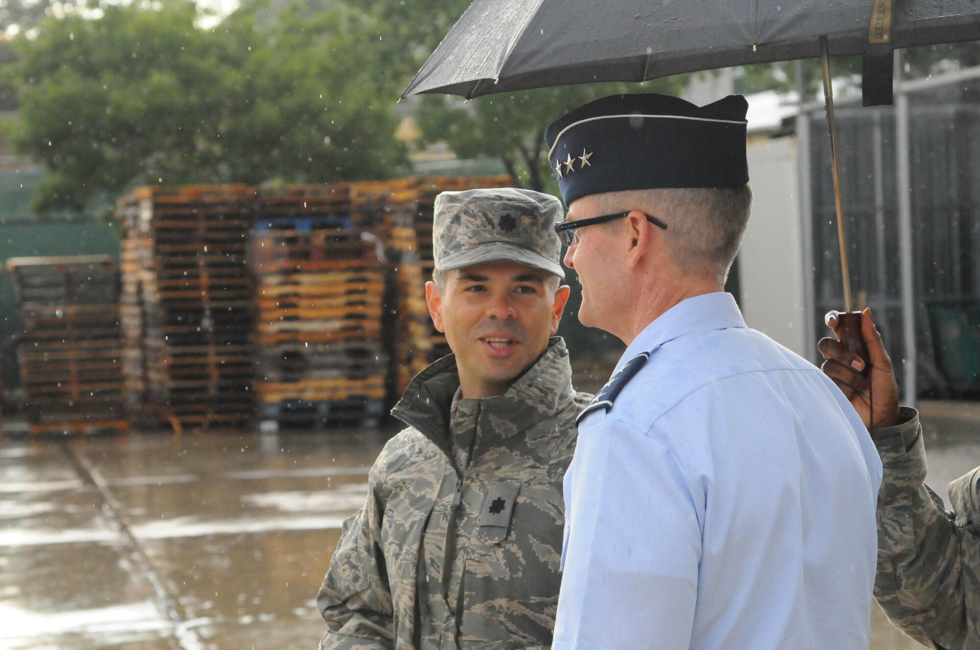 Lt. Col. Manny Cohan, 717th Air Base Squadron commander, speaks with Lt. Gen, Darryl Robertson, 3rd Air Force commander Aug. 19, 2014, Ankara, Turkey. The 717th ABS is one of two geographically-separated units under the 39th Air Base Wing. (courtesy photo)