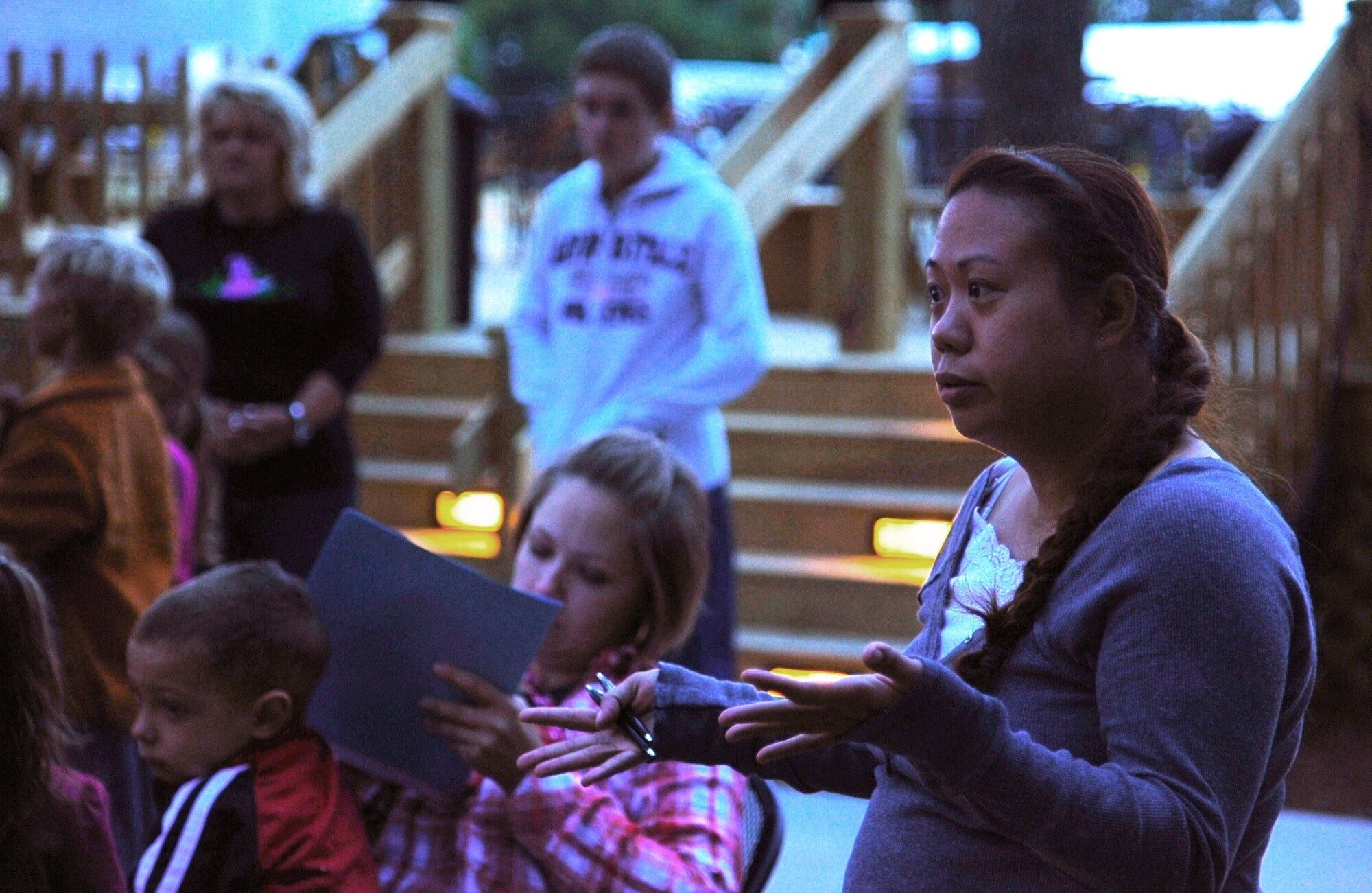 Tech. Sgt. Theresa Booth, Airman and Family Readiness Center NCO, speaks to families attending the Hearts Apart Country Pumpkins visit Oct. 23. Hearts Apart is a gathering for families of deployed members (over 30 days) or remote personnel with information, refreshments and prizes. The next Hearts Apart event is from 5 – 7 p.m. Nov. 6. The event will be a Holiday Dinner at Hunt Housing. Please RSVP when invitations are received. A headcount of attendance prior to event is critical for planning and preparation. Please call 434-2790 in advance to register. (U.S. Air Force photo/ Airman Daniel Lile)