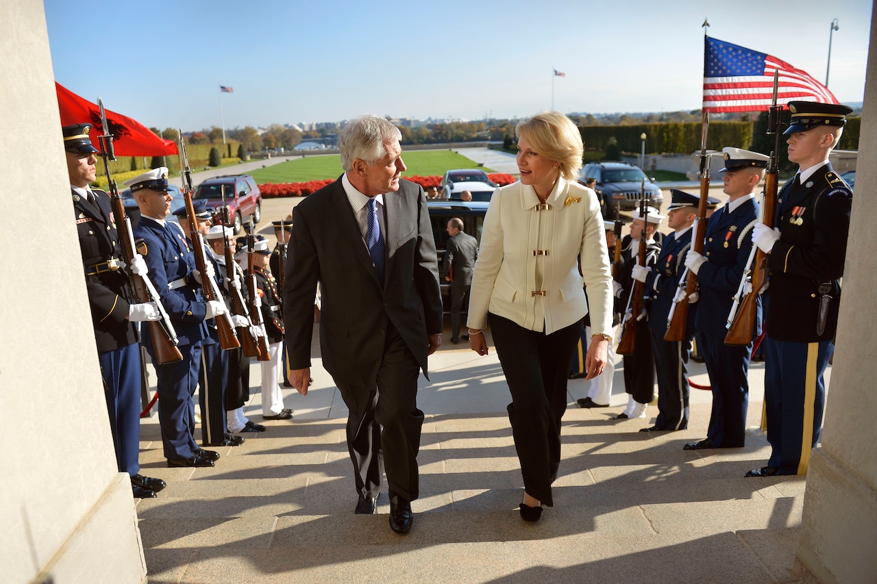 Defense Secretary Chuck Hagel hosts an honor cordon to welcome Albanian Defense Minister Mimi Kodheli to the Pentagon, Oct. 30, 2014. DoD photo by Glenn Fawcett