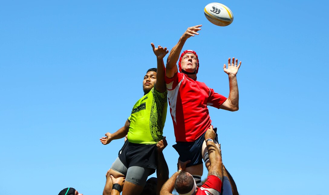 Marines and sailors are competing for a place on the All Navy and Marine Corps rugby team to represent our country in the Common Wealth Navies Rugby Cup located in New Zealand.There are currently 35 members of the All Navy and Marine Corps team, but only about 28 will be going to the rugby motherland. They claimed a 21-7 victory over the Oceanside Chiefs, a division two rugby team with three division titles and one national title, in their first local scrimmage at Paige Field House here, Aug. 30.(Photo by Cpl. Keenan Zelazoski)