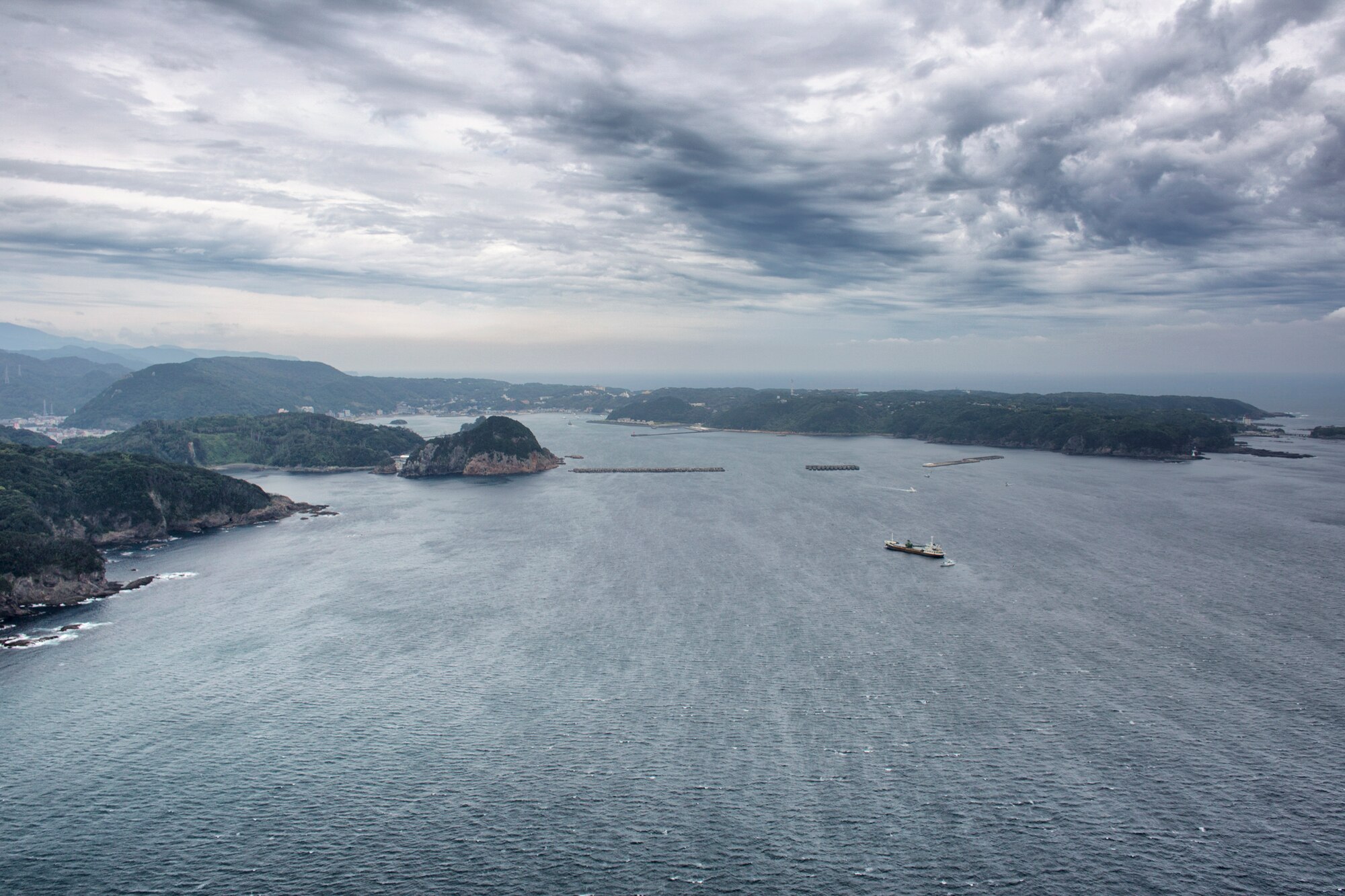 An aerial view of Shimoda bay, Shizuoka prefecture, Japan, Aug. 31, 2014, during the Shizuoka Comprehensive Disaster Drill.  Members of the 374th Airlift Wing worked with local Japanese government agencies in the bay to simulate humanitarian airdrops into the bay. (U.S. Air Force photo by Osakabe Yasuo/Released) 