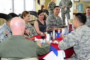 Dr. Rebecca Chavez, the Deputy Assistant Secretary of Defense for Western Hemisphere Affairs, answers questions from Joint Task Force-Bravo personnel Aug. 28 over lunch during her visit to Soto Cano Air Base, Honduras.  (Photo by Martin Chahin)