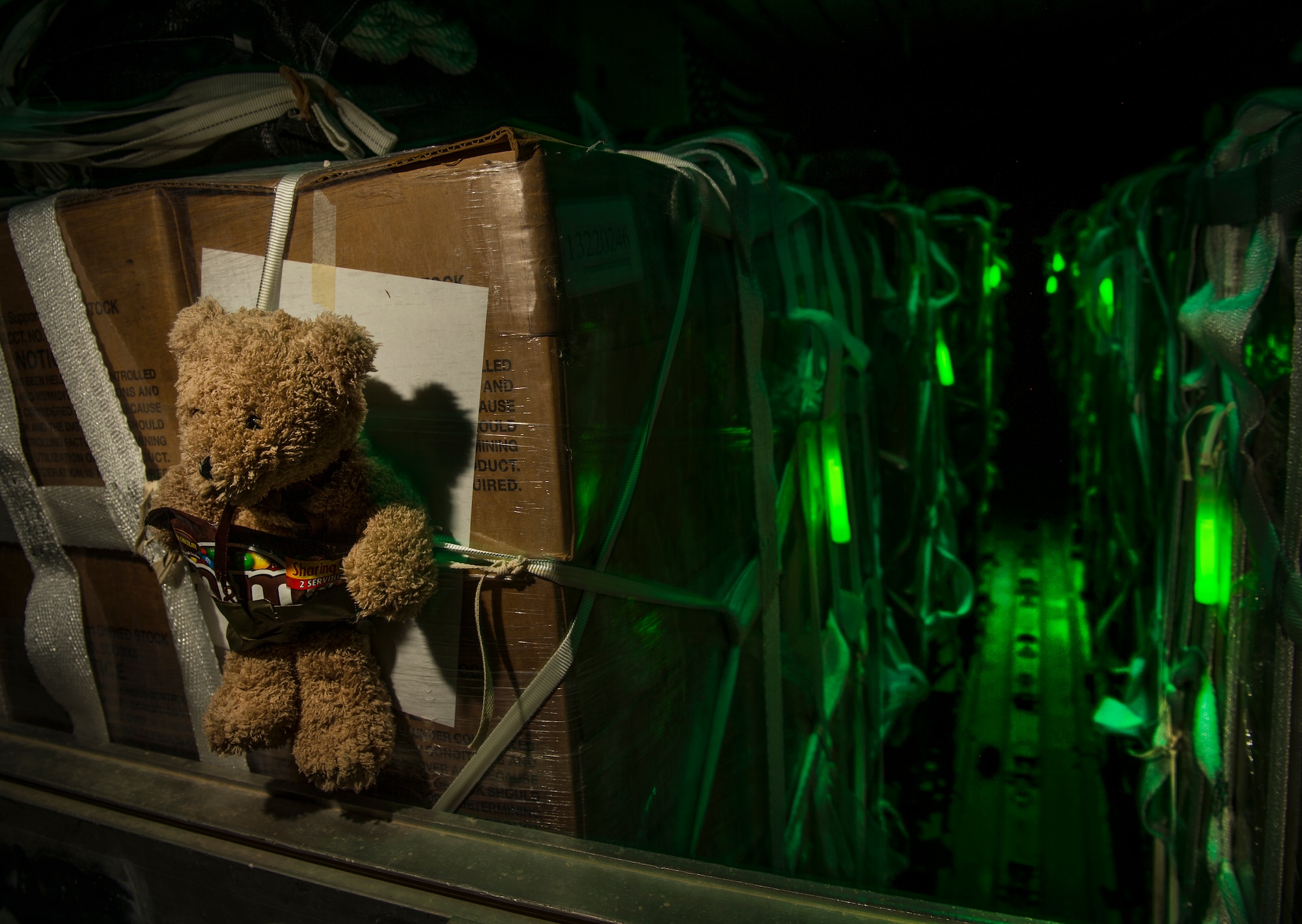 A teddy bear is tied to some humanitarian aid aboard a C-130 Hercules prior to take-off during an airdrop Aug. 14, 2014, over Iraq. The humanitarian aid includes bottled water and food which was delivered to displaced citizens in the vicinity of Sinjar, Iraq. The teddy bear was donated by an American child to pass along gratitude to children trapped in the Iraq conflict. The C-130 is assigned to the 746th Expeditionary Airlift Squadron. (U.S. Air Force photo/Staff Sgt. Vernon Young Jr.)