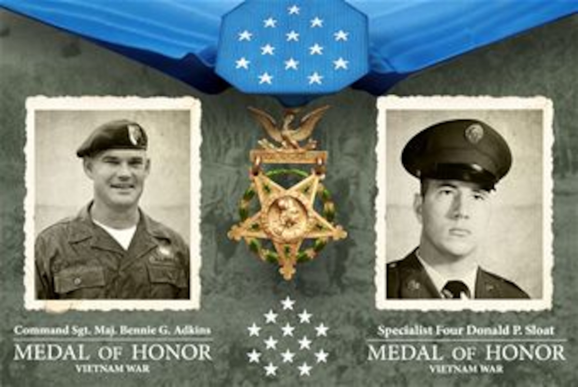 Retired Command Sgt. Maj. Bennie G. Adkins and former Spc. 4 Donald P. Sloat will receive the Medal of Honor for actions in Vietnam. (U.S. Army graphic)