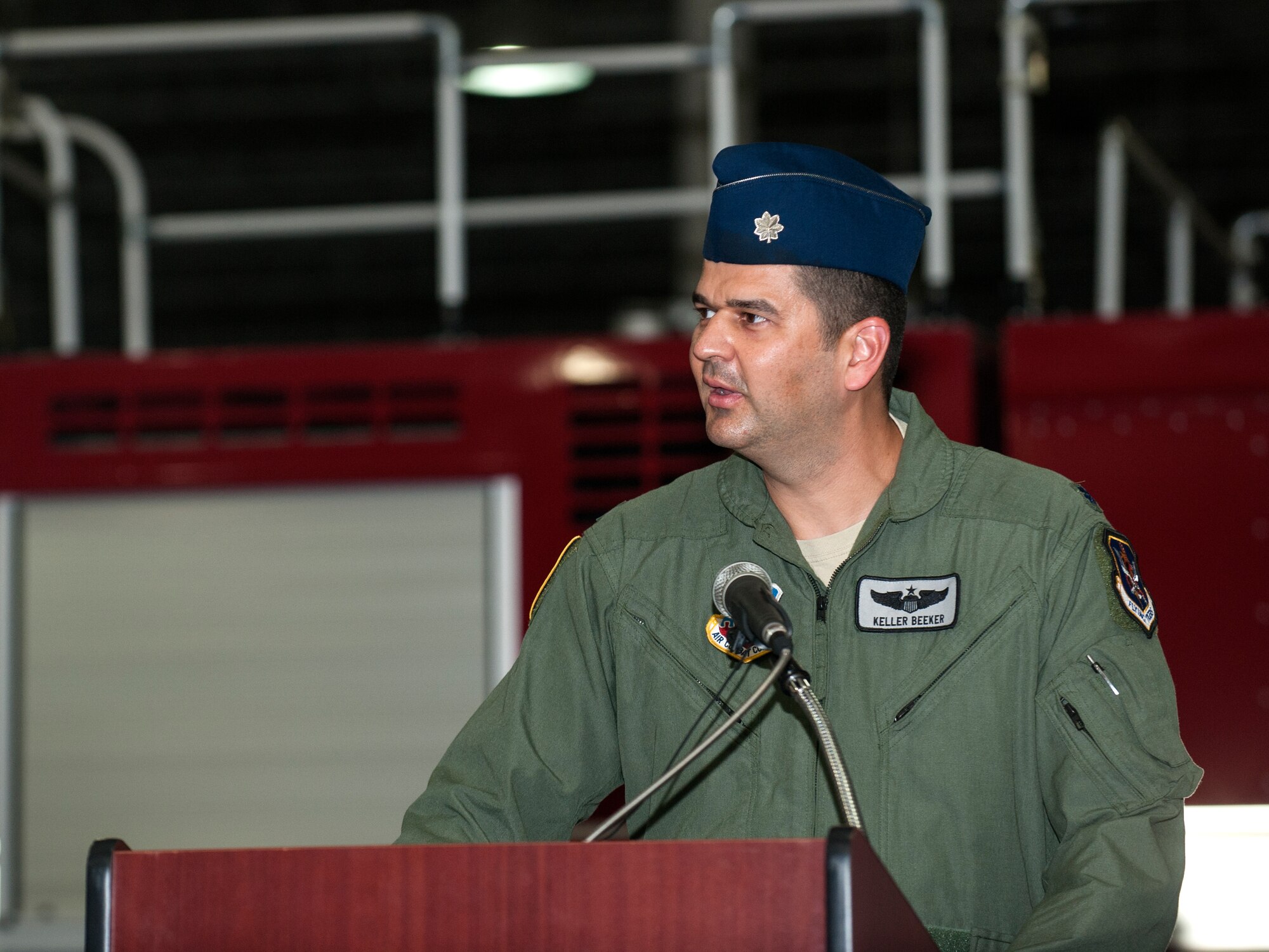 U.S. Air Force Lt. Col. Kevin Beeker, commander of Detachment 1, 23d Fighter Group, gives remarks after assuming command of Det. 1 at Avon Park Air Force Training Range, Fla., Aug. 28, 2014. Beeker took command of Det. 1 after two years at Nellis Air Force Base, Nev. (U.S. Air Force photo by Senior Airman Jarrod Grammel/Released)
