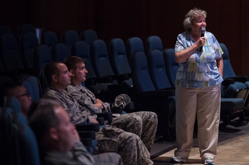 Patricia Voelker shares her story with Airmen of how a drunk driver killed members of her family one night. Voelker and Kelly DeHay spoke during a briefing at the base theater on Aug. 28, 2014, at Joint Base Charleston, S.C. MADD is the largest nonprofit organization working to protect families from drunk driving and underage drinking. 