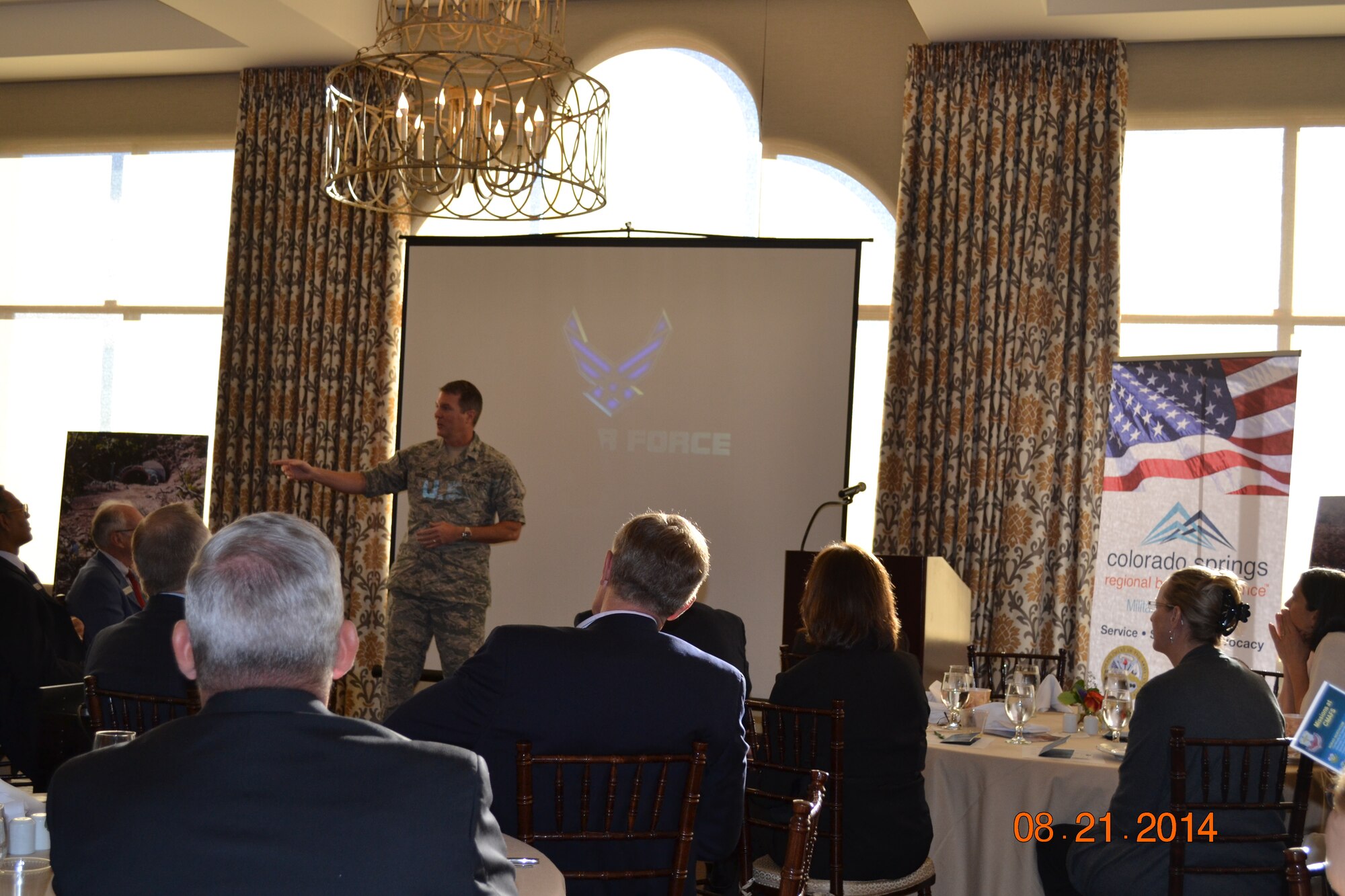 COLORADO SPRINGS, Colo. -- Col. Travis Harsha, 721st Mission Support Group commander, gave the Colorado Springs Military Affairs Council a briefing of Cheyenne Mountain operations and challenges at the MAC's Military Breakfast Aug. 21 at The Pinery. These educational orientations better equip civic leaders to understand the Air Force operations and build public trust and support for the vitality of military installations. (Courtesy photo)