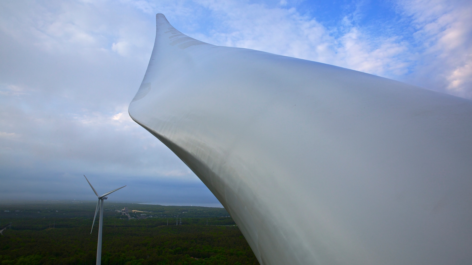 The view from inside one of three wind turbines at Joint Base Cape Cod, Mass., that are used to power groundwater purification equipment. The electricity generated by the turbines is enough to totally offset the project's annual power bill, as much as $2.5 million at its peak. (U.S. Air Force photo/Eddie Green/Released)