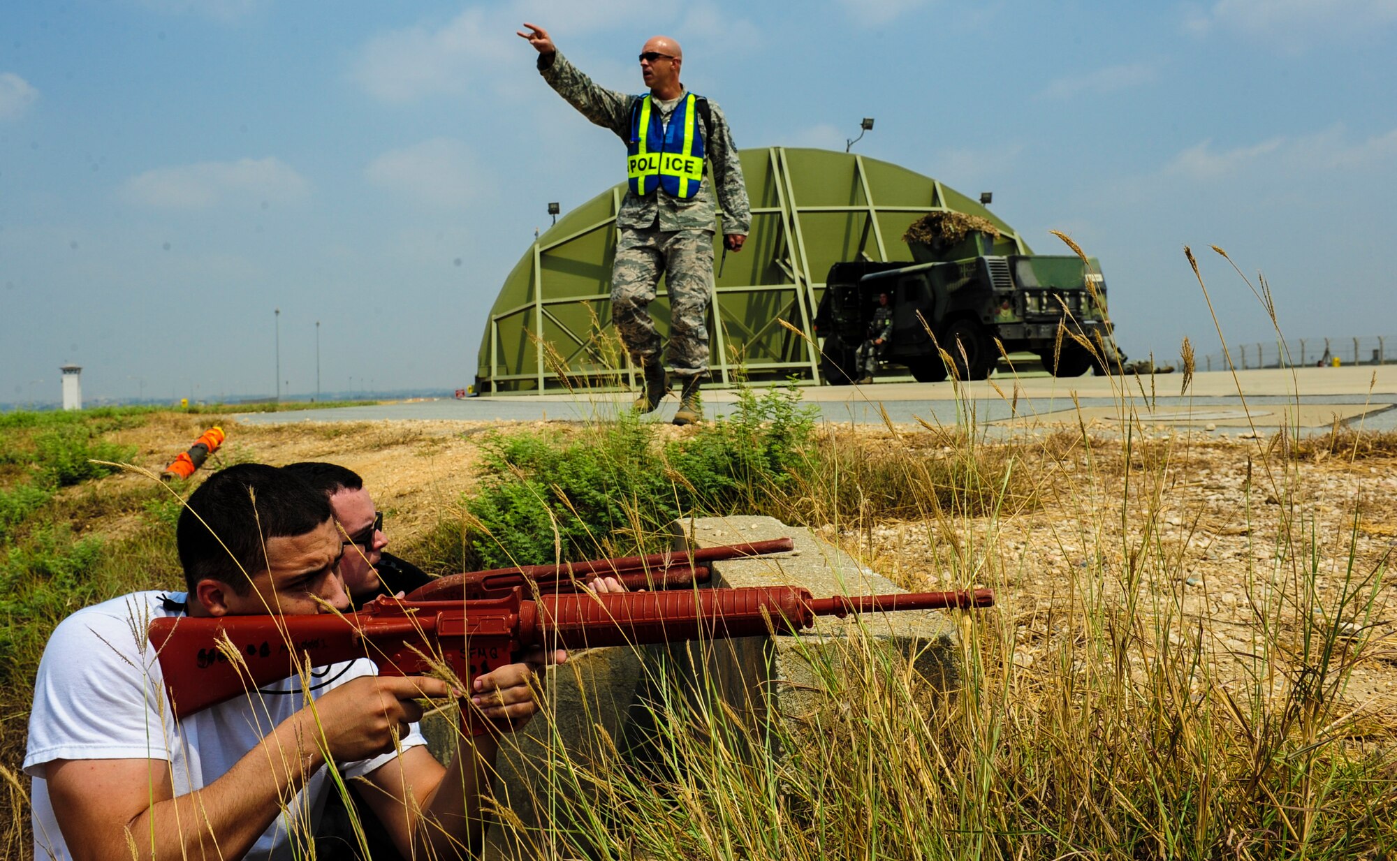 Airmen participate in a simulated base attack during a local readiness exercise Aug. 28, 2014, Incirlik Air Base, Turkey.  First responders from the 39th Air Base Wing frequently train to ensure mission readiness and keep skills sharp for real world situations. (U.S. Air Force photo by Senior Airman Nicole Sikorski/Released)