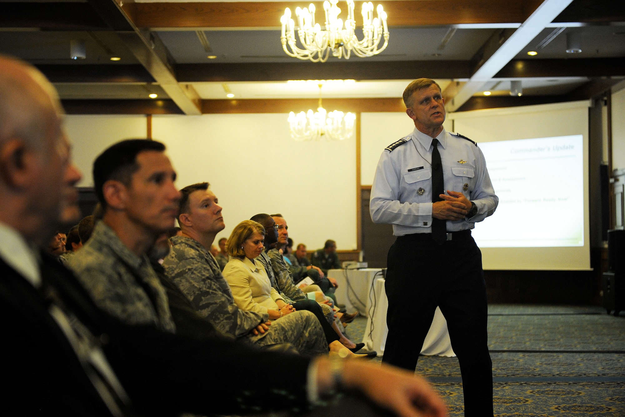 Gen. Frank Gorenc, U.S. Air Forces in Europe and Air Forces Africa commander, speaks to the headquarters staff during a commanders call Aug. 29, 2014. Gorenc discussed topics such as headquarters reductions, Summer safety and the new "RUfit" campaign designed to help build resilient Airmen. (U.S. Air Force photo/ Staff Sgt. Ryan Crane)