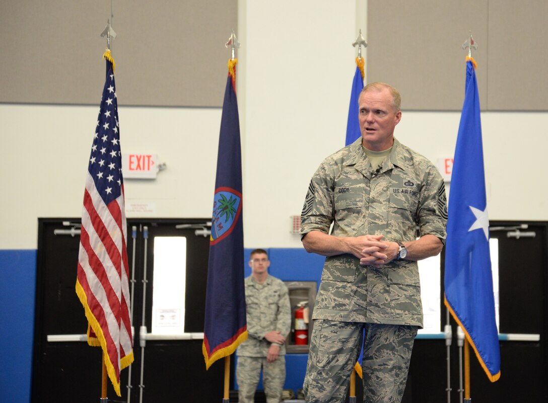 Chief Master Sgt. of the Air Force James A. Cody speaks to Airmen during an Airman’s call Aug. 26 on Andersen Air Force Base, Guam. During the Airman’s call, he addressed concerns Airmen had with the changes to the Enlisted Evaluation and the Weighted Airman Promotion Systems. (U.S. Air Force photo by Staff Sgt. Robert Hicks/Released)