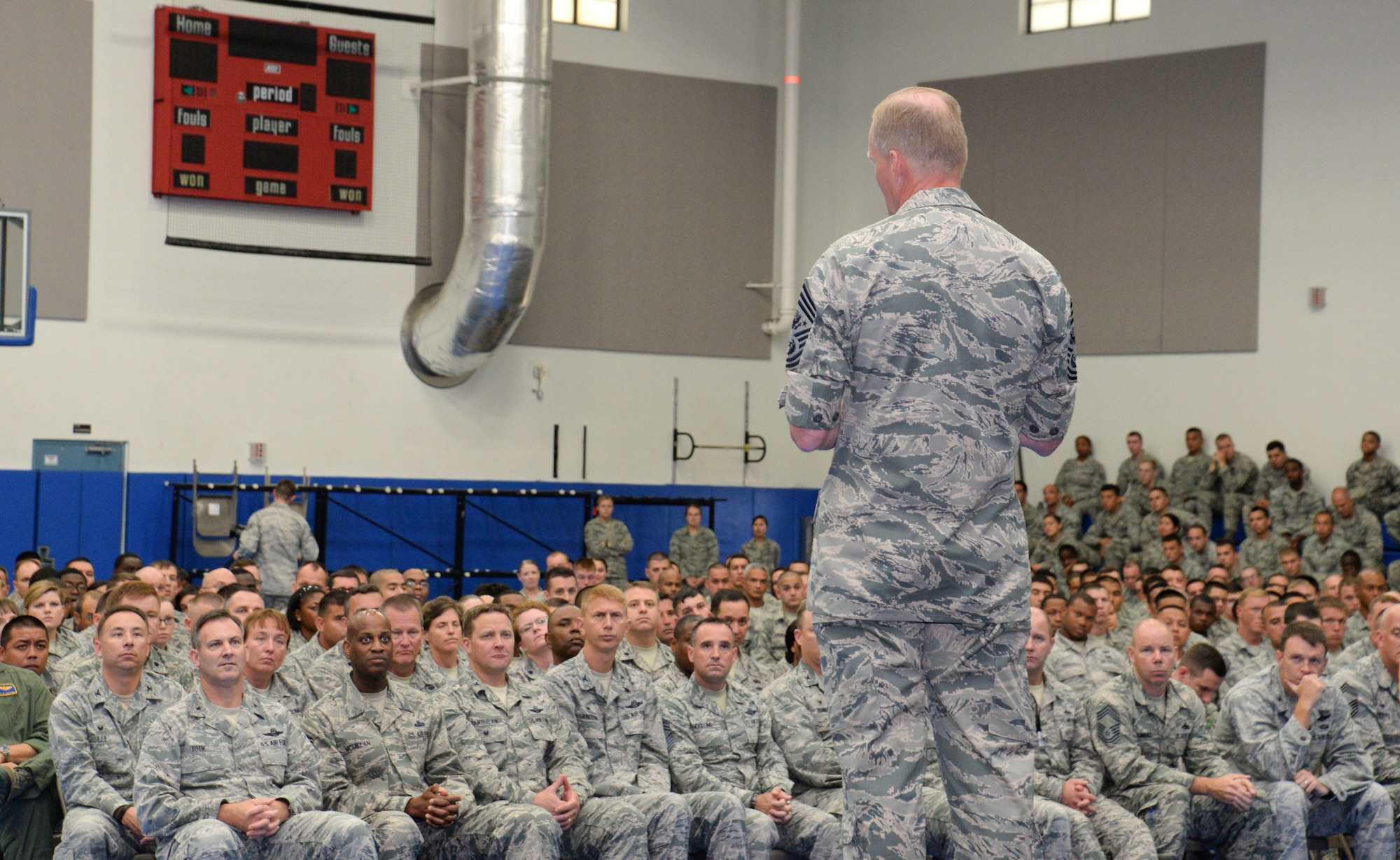 Chief Master Sgt. of the Air Force James A. Cody speaks to Airmen during an Airman’s call Aug. 26 on Andersen Air Force Base, Guam. During the Airman’s call, he addressed concerns Airmen had with the changes to the Enlisted Evaluation and the Weighted Airman Promotion Systems. (U.S. Air Force photo by Staff Sgt. Robert Hicks/Released)