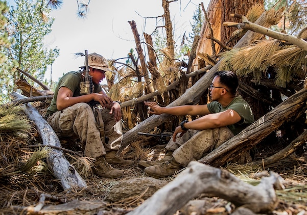 U.S. Marine Pfc. Ryan Iglesias, left, and Lance Cpl. Jonathan Ripoyla strategize on improving their survival shelter during Mountain Exercise 2014 aboard Marine Corps Mountain Warfare Training Center in Bridgeport, Calif., Aug. 28, 2014. Iglesias and Ripoyla are both infantry riflemen assigned to 2nd Platoon, India Company, 3rd Battalion, 1st Marine Regiment. Marines with 3rd Battalion, 1st Marine Regiment will become the 15th Marine Expeditionary Unit’s ground combat element in October. Mountain Exercise 2014 develops critical skills the battalion will need during deployment. (U.S. Marine Corps photo by Sgt. Emmanuel Ramos/Released)