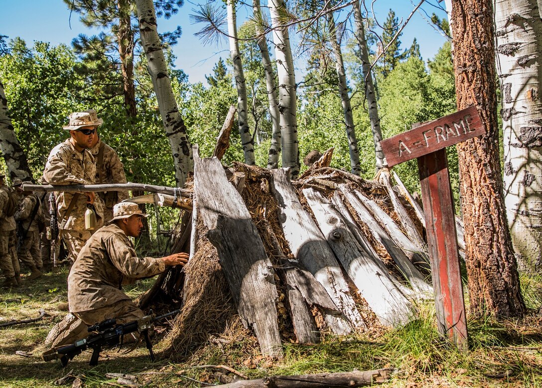 U.S. Marines with 3rd Battalion, 1st Marine Regiment inspect model survival shelters during Mountain Exercise 2014 aboard Marine Corps Mountain Warfare Training Center in Bridgeport, Calif., Aug. 28, 2014. Marines with 3rd Battalion, 1st Marine Regiment will become the 15th Marine Expeditionary Unit’s ground combat element in October. Mountain Exercise 2014 develops critical skills the battalion will need during deployment. (U.S. Marine Corps photo by Sgt. Emmanuel Ramos/Released)
