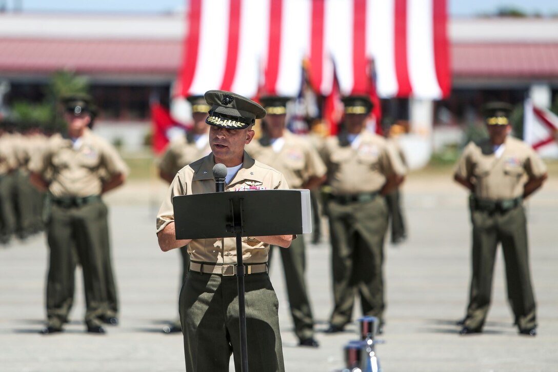 Brigadier Gen. Joaquin F. Malavet, the commanding general of 1st Marine Expeditionary Brigade, speaks about his goals during the 1st MEB change of command ceremony aboard Camp Pendleton, Calif., Aug. 29, 2014. Malavet was previously assigned as the principal director, South and Southeast Asia for the Office of the Secretary of Defense-Policy at Washington, D.C. (U.S. Marine Corps photo by Lance Cpl. Carson Gramley)