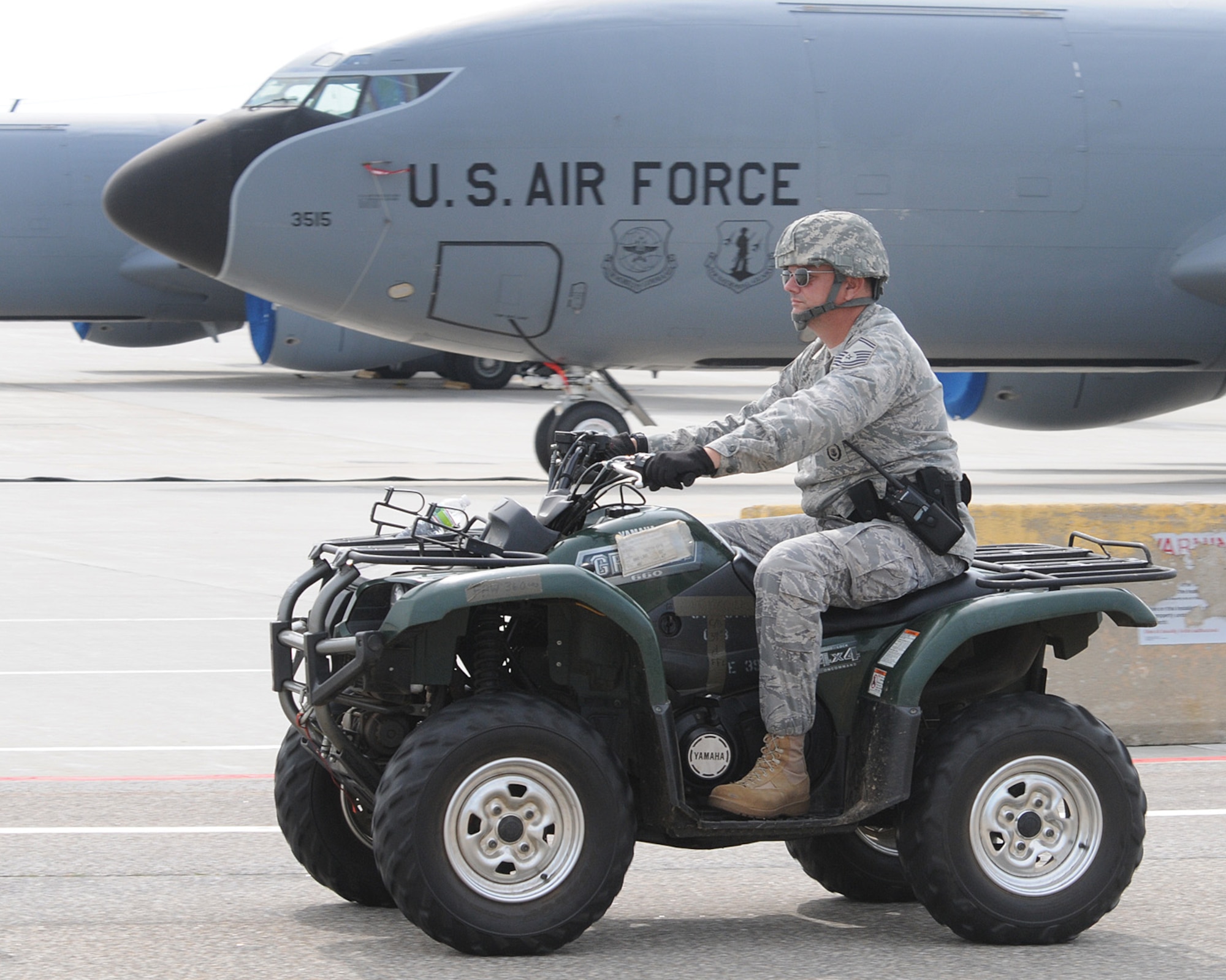 In this photo from August 2011, Chief Master Sergeant Michael P. Sullivan, then a senior master sergeant, rides an All-Terrain Vehicle along the flightline during a base readiness exercise on base. Sullivan, the 157th Security Forces Squadron manager, is scheduled to retire Oct. 1 during a ceremony Sept. 7 at 3:30 p.m. in Building 264urtis Lenz/Released)