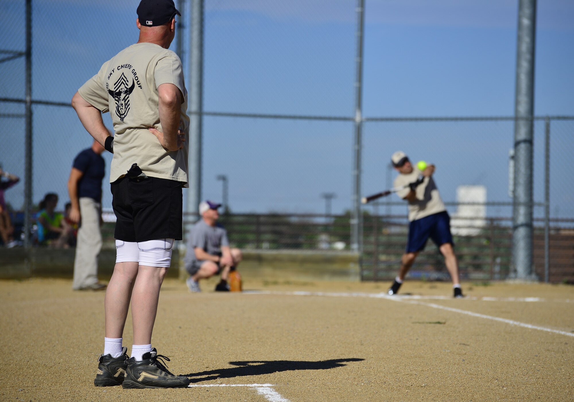 Malmstrom’s chiefs and colonels collide during the annual Chiefs versus Colonels’ softball game at the softball fields near the base auditorium Aug. 28. The chiefs won the game 11-9, and it signified the start of the base picnic. (U.S. Air Force photo/Tech. Sgt. Chad Thompson)