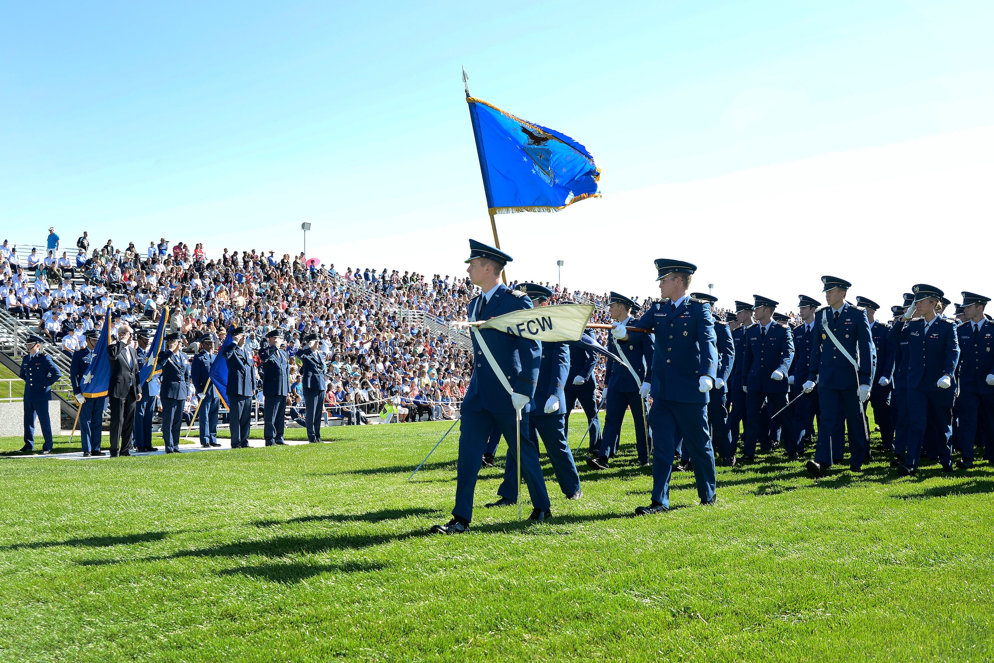 Cadets march on Stillman Parade Field here Aug. 31 during the Parents' Weekend Cadet Wing Parade. Parents' Weekend is an annual event held Labor Day weekend, allowing cadets' parents and family members to experience a part of cadet life. (U.S. Air Force photo/Jason Gutierrez)
