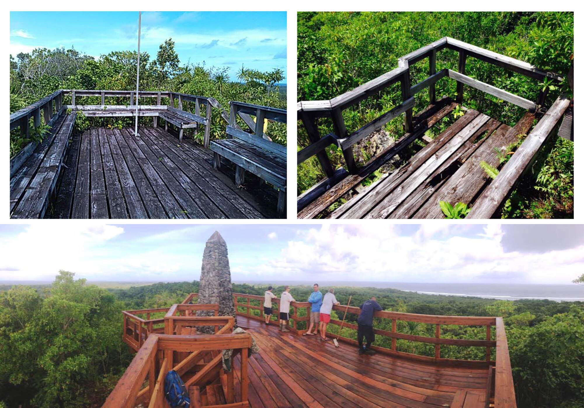 The before and after photos of the deck and stairs surrounding the Bloody Nose Ridge Memorial, Peleliu, Republic of Palau. A team of 13 Airmen and 13 Palauan apprentices worked over eight days to complete the restoration project. (Courtesy photo illustration/Released)