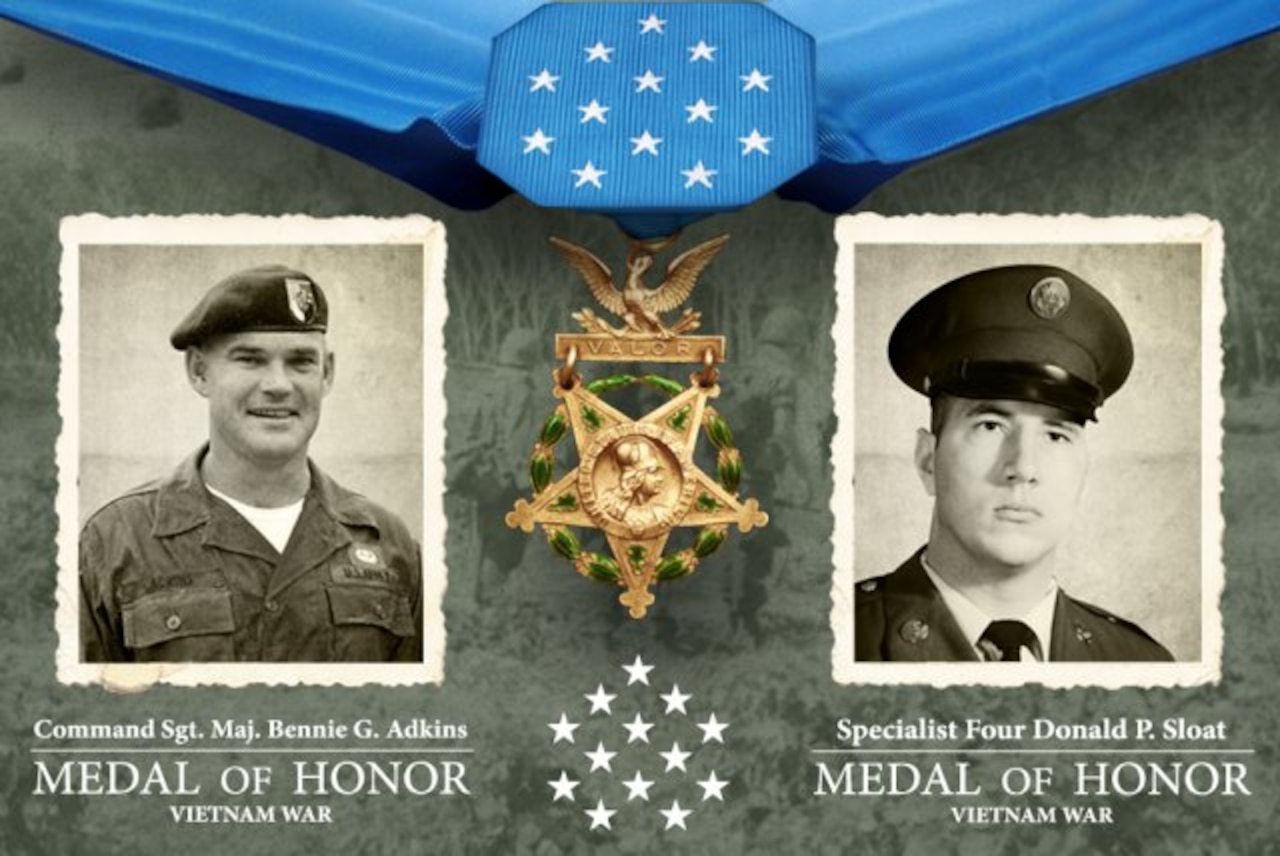 Retired Army Command Sgt. Maj. Bennie G. Adkins and former Army Spc. 4 Donald P. Sloat will receive the Medal of Honor for their actions in Vietnam. U.S. Army graphic