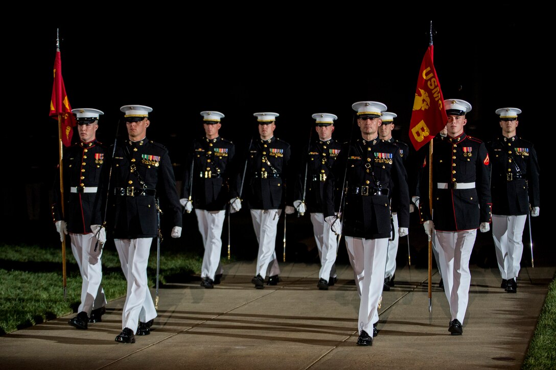 Marines from Marine Barracks Washington, D.C., perform during a Friday Evening Parade at the Barracks, Aug. 29. (Official Marine Corps photo by Cpl. Larry Babilya/Released)