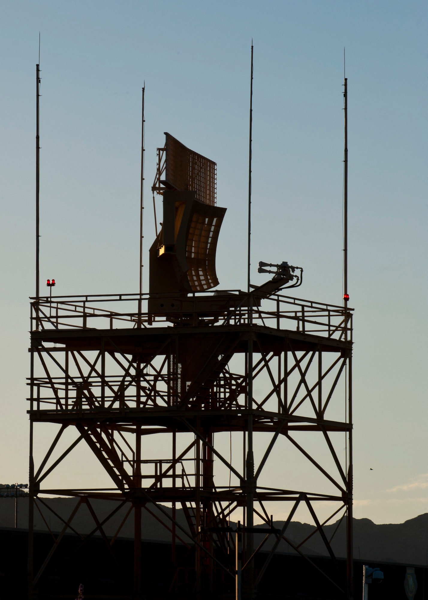 The Airport Surveillance Radar, ASR-9, keeps track of air traffic at Nellis Air Force Base, Nev., Sept., 3, 2014. The 57th Operations Support Squadron took control of the responsibilities of maintaining the Air Traffic Control and Landing Systems from the 99th Communications Squadron on Sept. 1. (U.S. Air Force photo by Airman 1st Class Thomas Spangler)