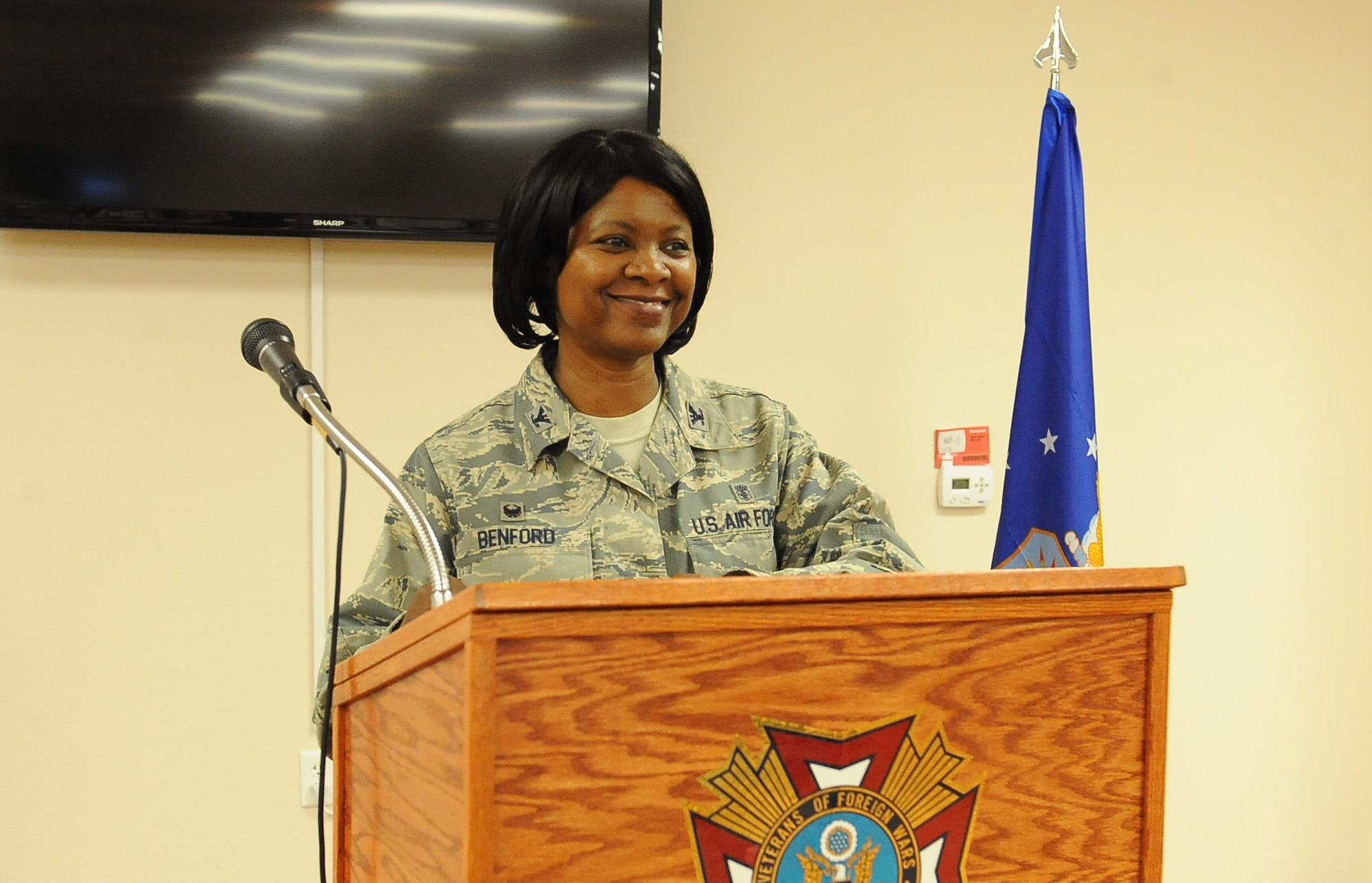 Col. Kirsten Benford, 99th Inpatient Operations Squadron commander speaks during the Women's Equality Day celebration at the Veteran of Foreign Wars Post 147 in Las Vegas, Nevada, Aug. 26, 2014. In 1971, the U.S. Congress designated Aug. 26 as Women’s Equality Day. The date was selected to commemorate the 1920 passage of the 19th Amendment to the Constitution granting women the right to vote. The observance of Women’s Equality Day not only commemorates the passage of the 19th Amendment, but also calls attention to women’s continuing efforts toward full equality.  (U.S. Air Force photo by Airman 1st Class Rachel Loftis)