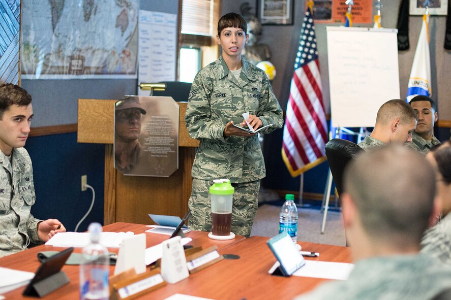 Staff Sgt. Ashley Lerke, 66th Force Support Squadron Airman Leadership School instructor, teaches “Successful Learning” to senior airmen attending ALS class 14F at the school Sept. 3. The lesson “Successful Learning” outlines to students the educational process used to achieve the desired levels of learning. The class is a five week professional military education course is designed to develop Airmen into effective front-line supervisors with a curriculum focused on developing leadership and effective communication abilities. (U.S. Air Force photo by Mark Herlihy)