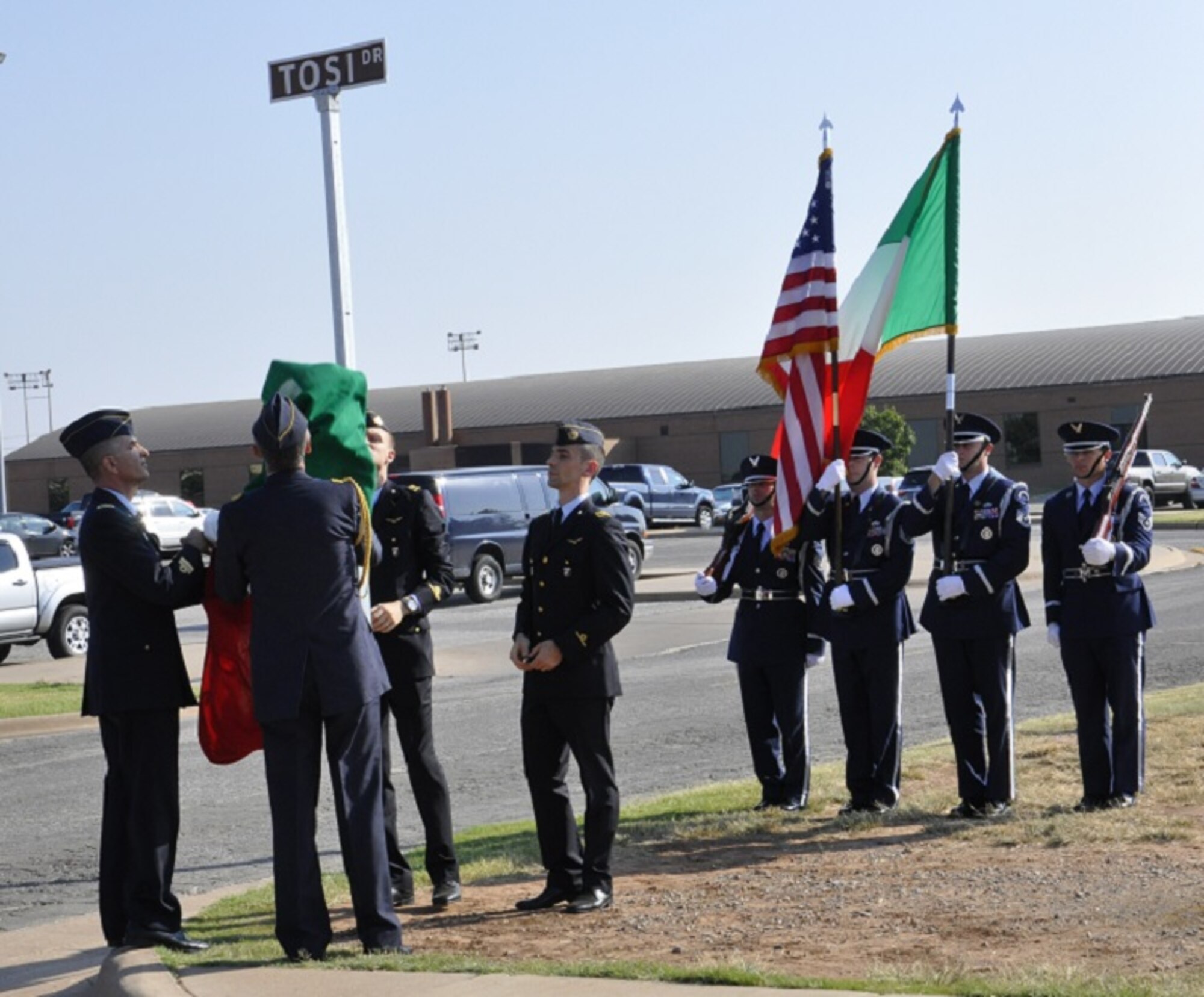 The 80th Flying Training Wing Tosi Drive Dedication, Aug. 27, 2014 at Sheppard AFB, Texas, was held in memory of 2nd Lt. Marco Tosi, killed during a training sortie in 2001.  (USAF Photo/Debi Smith)
