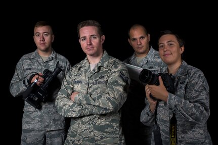 A four-Airman combat camera team of photojournalists and broadcasters from the 3rd Combat Camera Squadron, Joint Base San Antonio-Lackland, Texas, is visiting critical Air Force Space and Cyber missions throughout September.Senior Airman Alex Goad, Tech Sgt. Scott Olguin, Staff Sgt. Jarrod Chavana, and Airman 1st Class Krystal Ardrey (left to right), will travel around Air Force Space Command highlighting the mission and the people of AFSPC.  Their work will be posted on the Air Force Space Command website, Facebook page and on Twitter @afspace under #30daysAFSPC