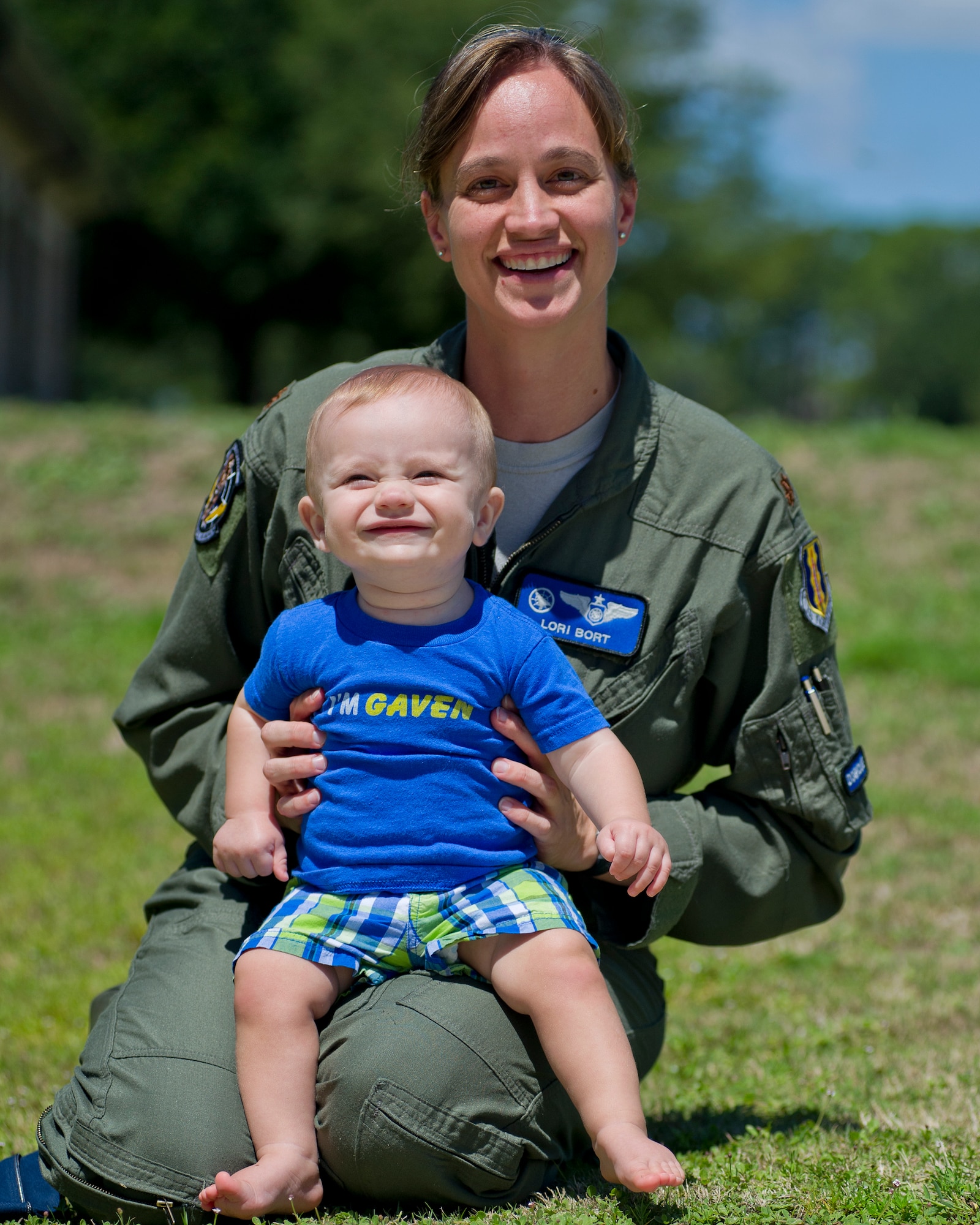 Major Lori Bort, 337th Air Control Squadron air battle manager instructor, holds her son, Gaven, Aug. 26. Gavin was diagnosed with Cystic Fibrosis at 10 days old, and Bort is facilitating a Cystic Fibrosis Foundation Great Strides walk to help raise awareness of CF and founding for research to find a cure for the disease. (U.S. Air Force photo by Airman 1st Class Alex Echols)