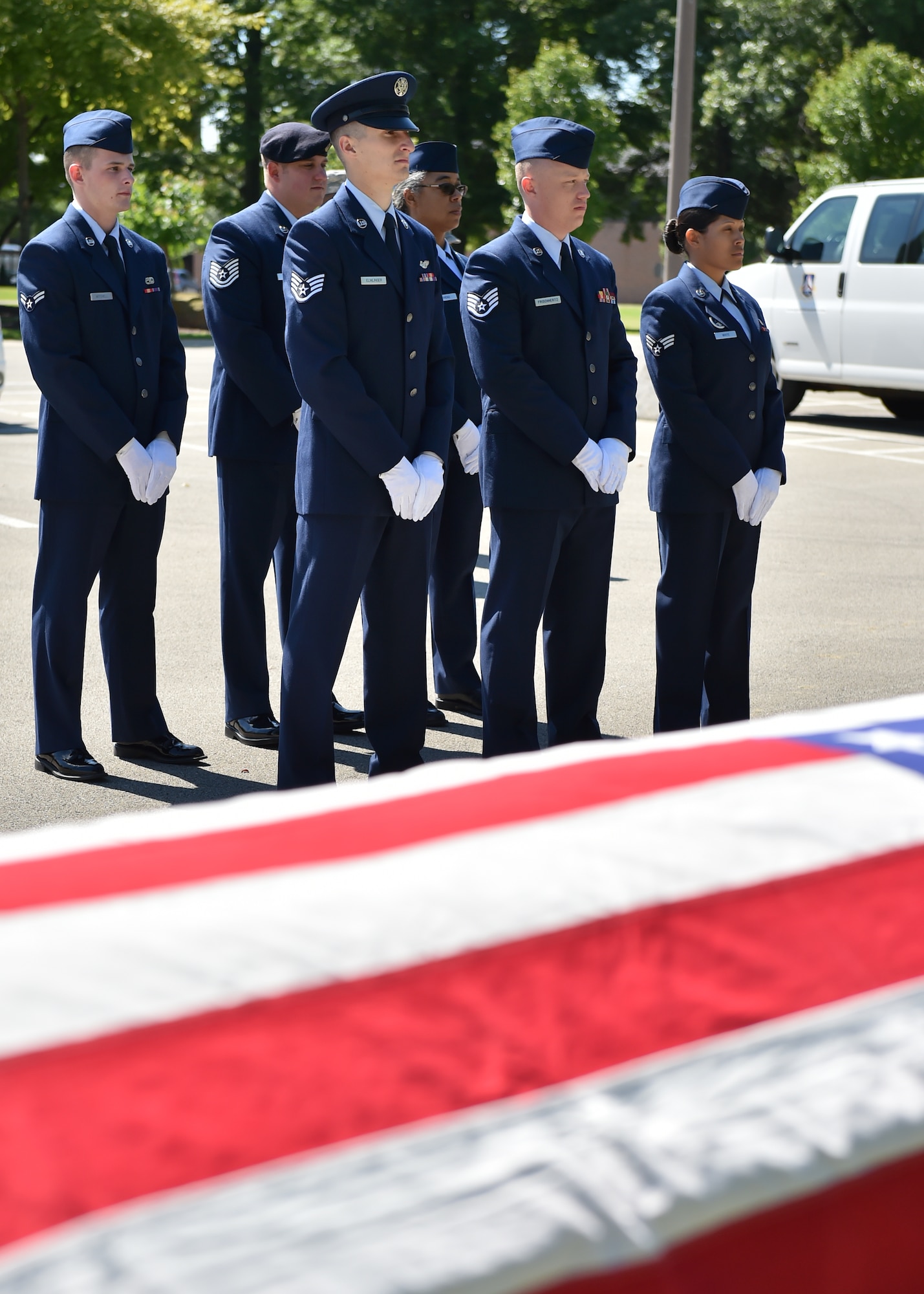 Participants in an honor guard training course held here the week of Aug. 25 prepare for a simulated retiree training funeral, Aug. 29. Instructors from Wright-Patterson Air Force Base facilitated the course. Twelve honor guard members completed the course including eight from the 910th Airlift Wing here, three from the 179th Airlift Wing in Mansfield and one from the 445th at Wright-Patterson. U.S. Air Force photo/Eric M. White.