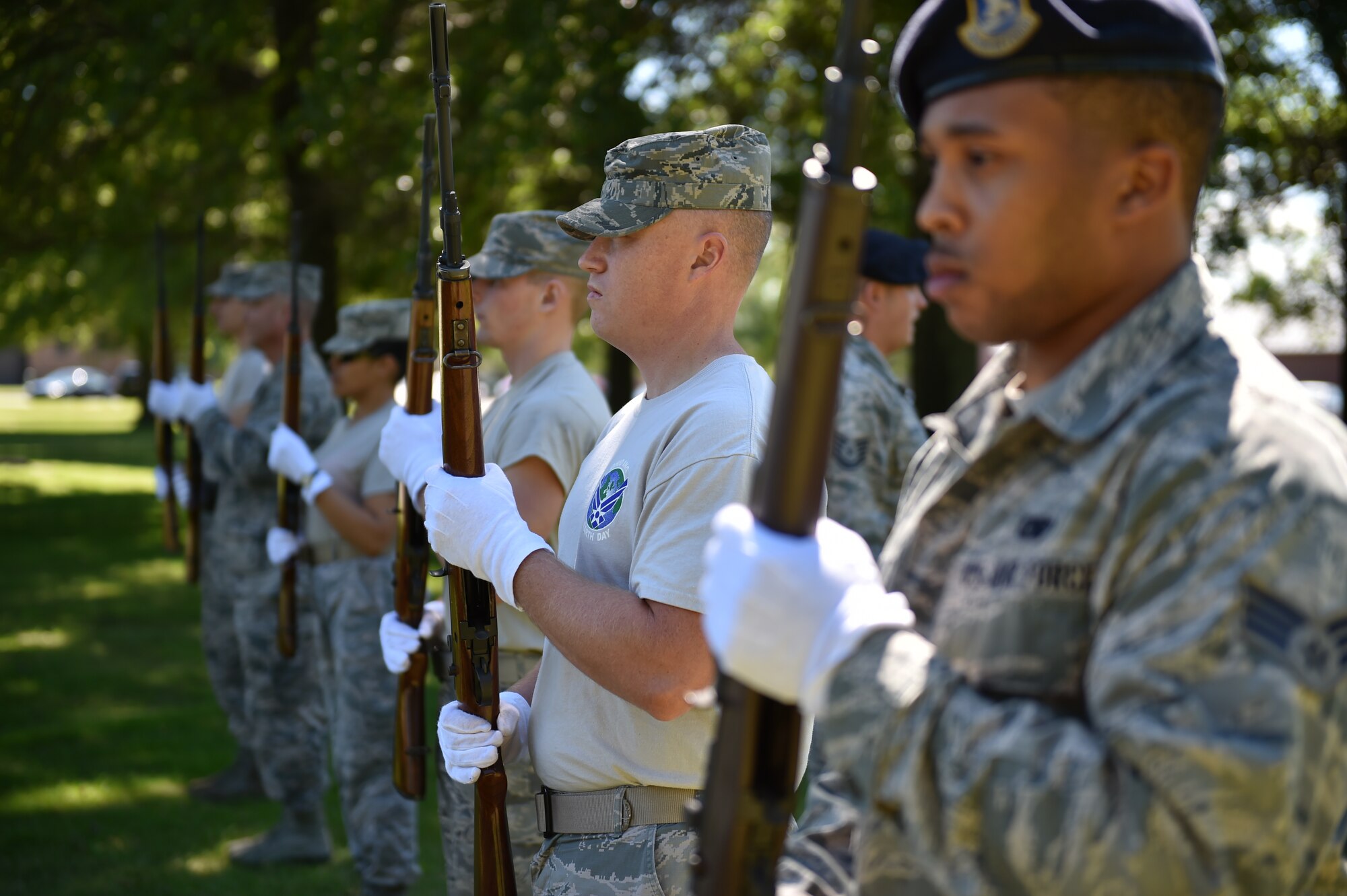 Participants in an honor guard training course held here the week of Aug. 25 rehearse firing line duties, Aug. 28. Instructors from Wright-Patterson Air Force Base facilitated the course. Twelve honor guard members completed the course including eight from the 910th Airlift Wing here, three from the 179th Airlift Wing in Mansfield and one from the 445th at Wright-Patterson. U.S. Air Force photo/Eric M. White.