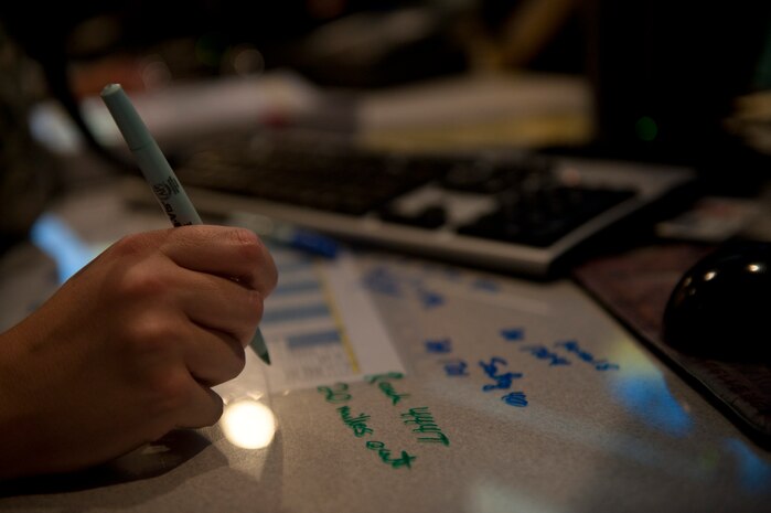 Senior Airman Sarah Myers, 99th Air Base Wing Command Post junior controller, jots down notes while fielding a phone call at Nellis Air Force Base, Nev., Aug. 21, 2014. Myers and other controllers in the command post field approximately 500 calls throughout the course of their 12-hour shift. (U.S. Air Force photo by Staff Sgt. Siuta B. Ika)