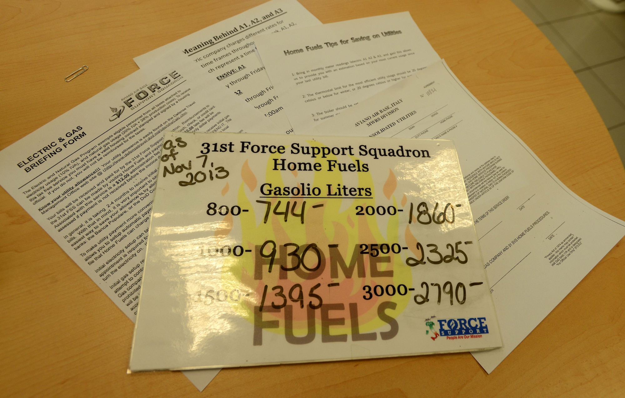 Members wanting to establish a service with Home Fuels need a completed rental agreement signed by the 31st Force Support Squadron Housing Office, a completed utilities form from the community housing packet and a Codice Fiscale. When all information has been received by Home Fuels, it is then passed on to the utility companies to begin the service. (U.S. Air Force photo/Airman 1st Class Deana Heitzman)