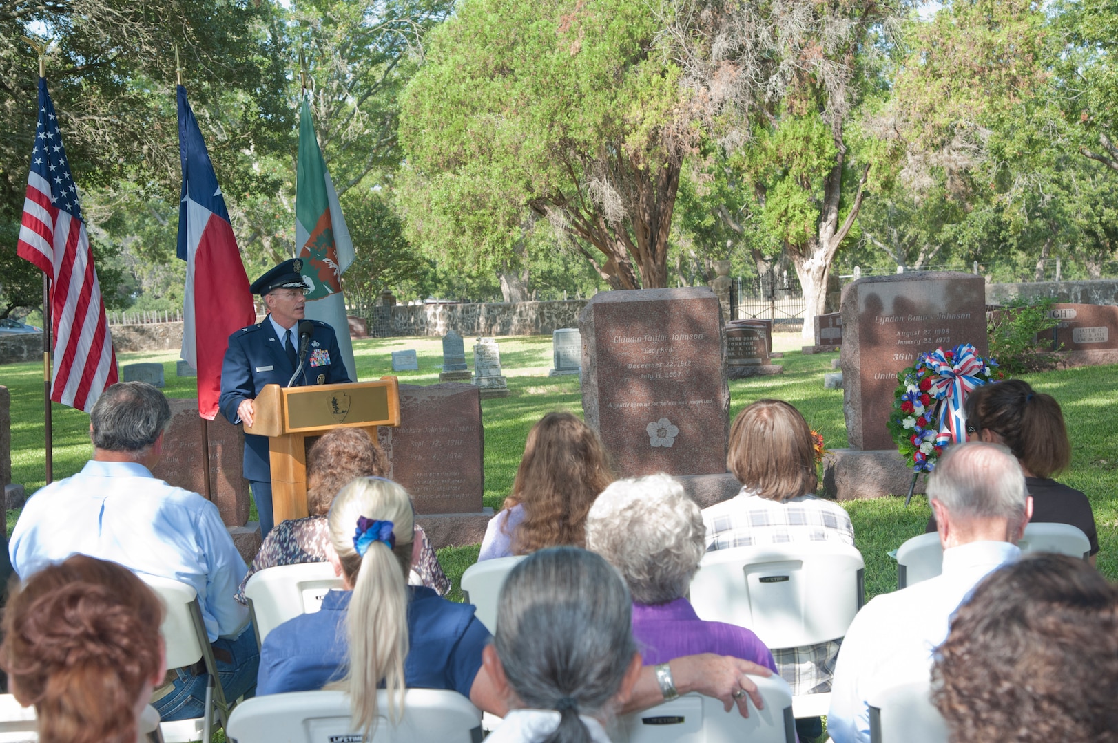 Brig. Gen. Bob LaBrutta, 502nd Air Base Wing and Joint Base San Antonio commander, speaks at the Lyndon B. Johnson birthday observance wreath-laying ceremony Aug. 27 at the LBJ National Historical Park in Johnson City, Texas. (U.S. Air Force photo by Airman 1st Class Stormy Archer)