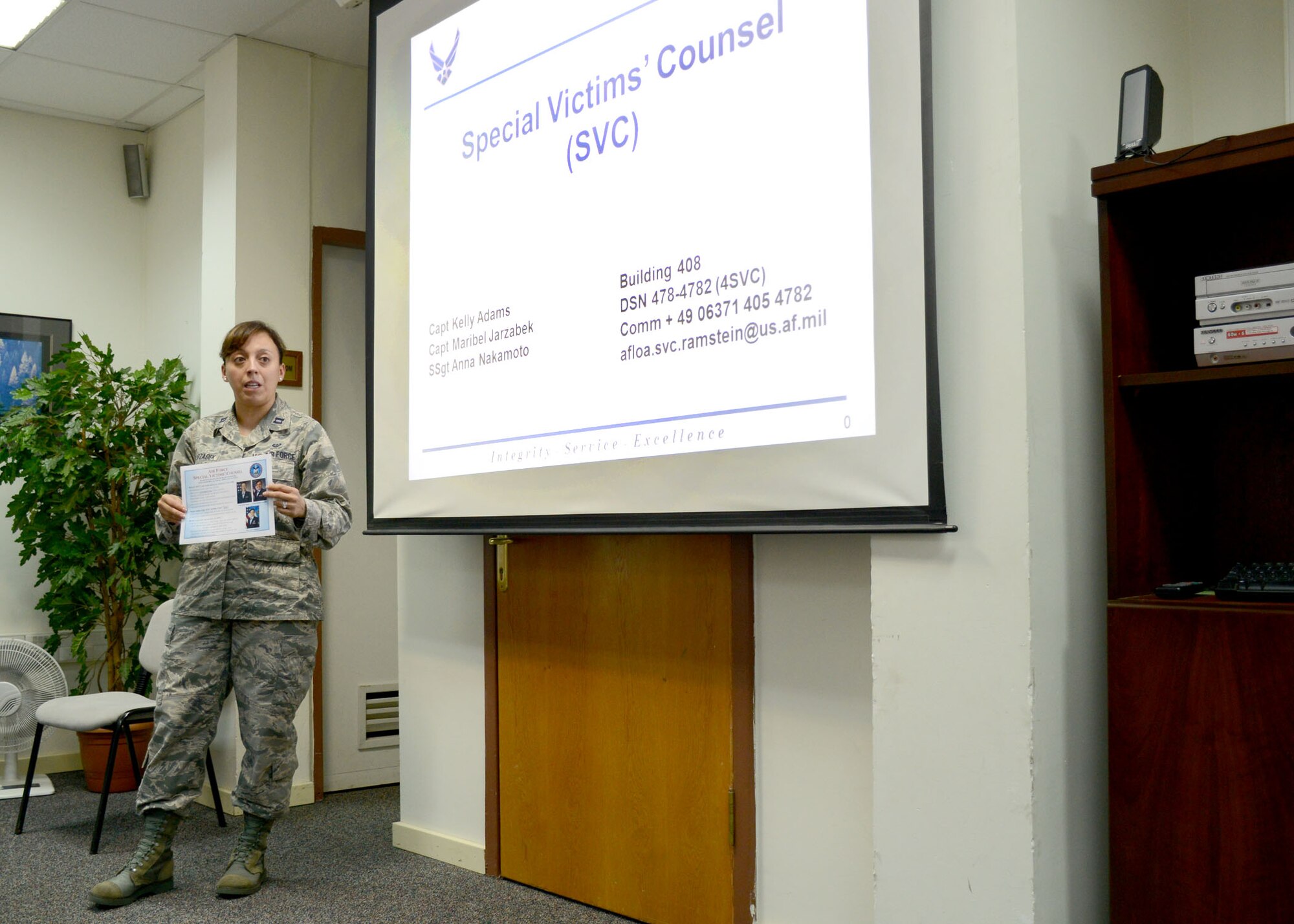 Capt. Maribel Jarzabek, Air Force Legal Operations Agency-Community Legal Services Victims, briefs Victim Advocates on legal right for sexual assault victims Aug. 15, 2014, Incirlik Air Base, Turkey. Jarzabek is a special victims’ counsel who represents victims in the U.S. Air Forces in Europe and Air Forces Africa region, as well as deployed locations in Southwest Asia. Special victims’ counselors are military lawyers for sexual assault victims. Their primary mission is to provide legal assistance to victims by removing barriers in the military justice process.  (U.S. Air Force photo by Staff Sgt. Veronica Pierce/Released) 