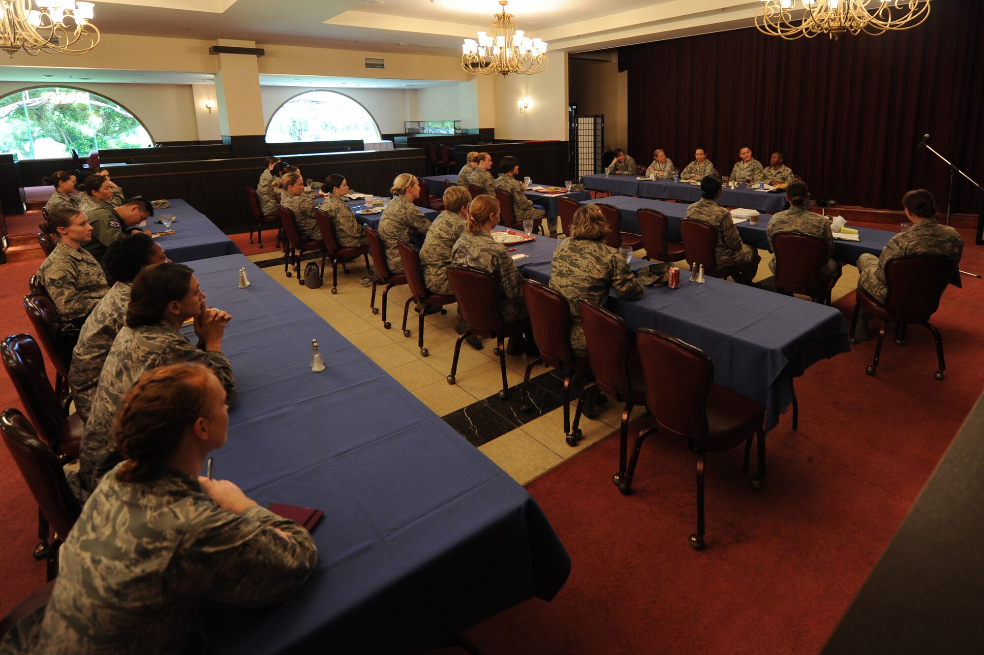 More than 25 airmen attend a Women's Leadership Panel on Kadena Air Base, Japan, Sept. 3, 2014. The Kadena Company Grade Officers Council and the Air Force Women Officers Association hosted a Women's Leadership Panel for Airmen to come and listen to what its been like for these high-ranking females during their career in the Air Force. Between the five panel leaders is a combined 115 years of service and 65 assignments. (U.S. Air Force photo by Airmen 1st Class Stephen G. Eigel/Released)
