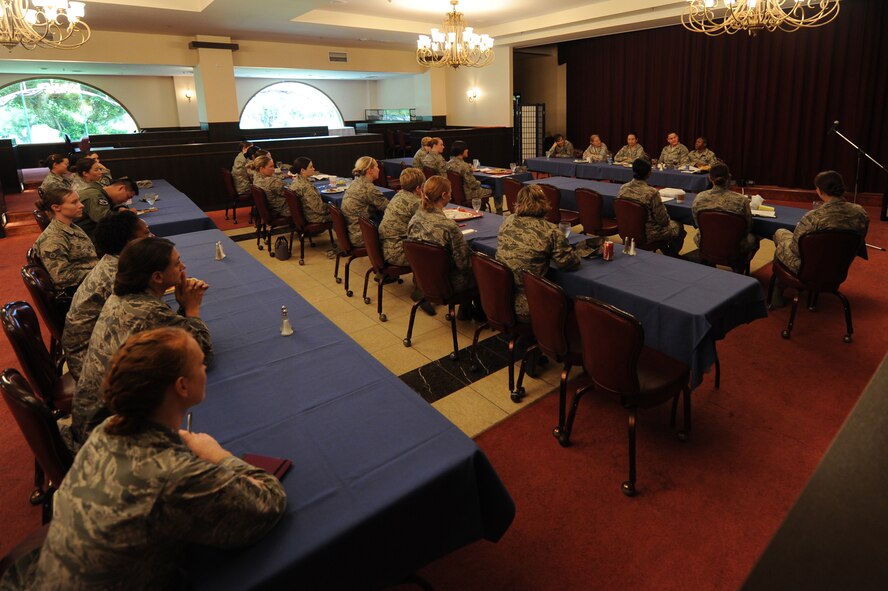 More than 25 airmen attend a Women's Leadership Panel on Kadena Air Base, Japan, Sept. 3, 2014. The Kadena Company Grade Officers Council and the Air Force Women Officers Association hosted a Women's Leadership Panel for Airmen to come and listen to what its been like for these high-ranking females during their career in the Air Force. Between the five panel leaders is a combined 115 years of service and 65 assignments. (U.S. Air Force photo by Airmen 1st Class Stephen G. Eigel/Released)