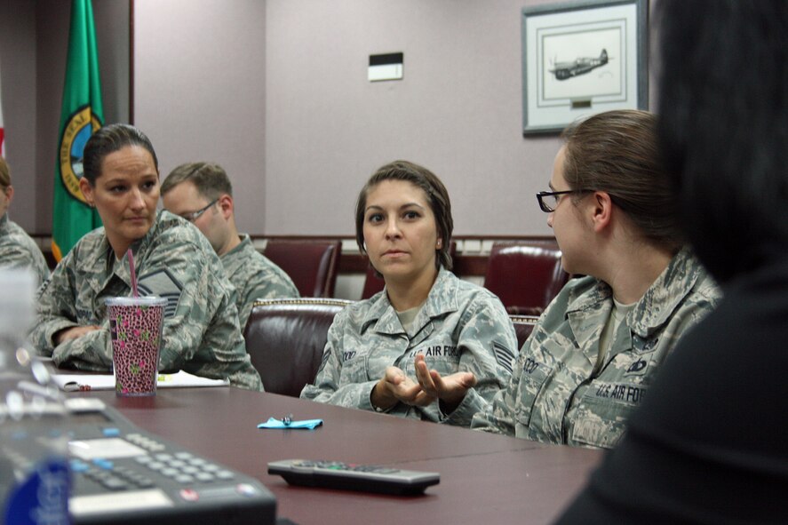 Tech. Sgt. Lisa Wood participates in a focus group on the Western Air Defense Sector's efforts to prevent sexual assault Aug. 4 as a part of the Unit Effectiveness Inspection Capstone event. Wood was named an outstanding performer in the UEI for her work in the WADS Records Management Office. WADS received a highly effective rating from the Air Combat Command Inspector General for their UEI. The UEI inspected four major graded areas—Managing Resources, Leading People, Improving the Unit and Executing the Mission.